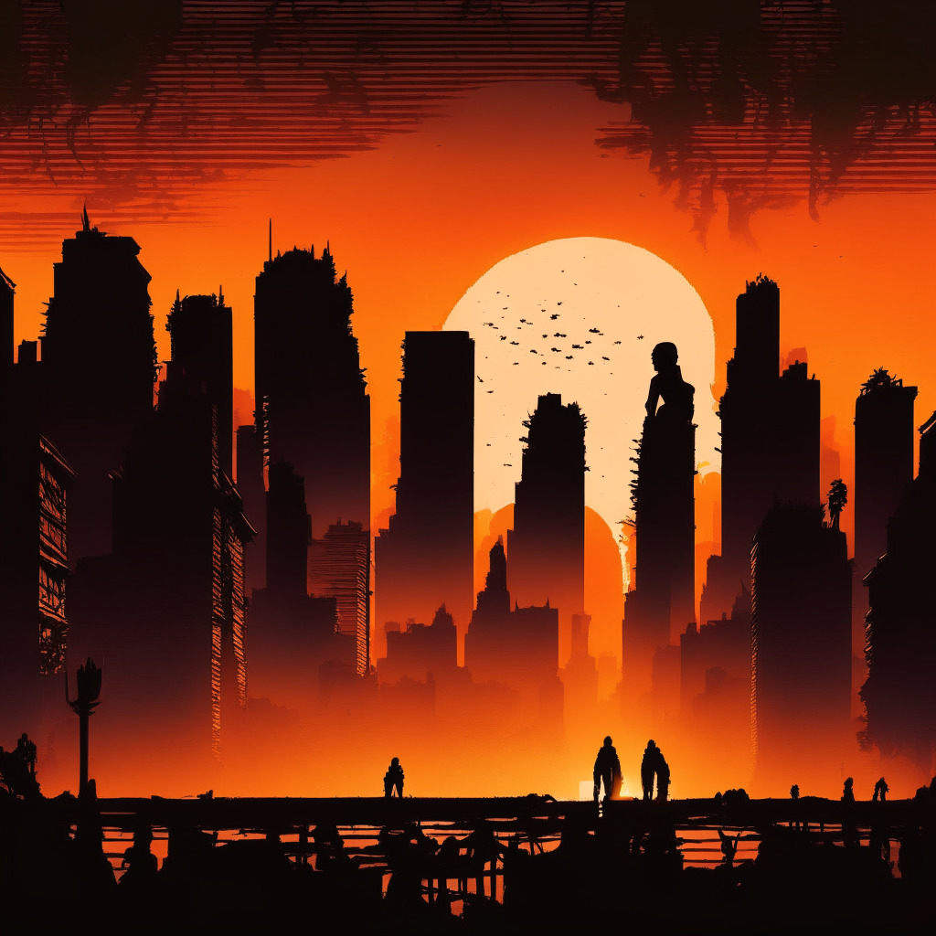 Sunset over a dystopian Southeast Asian cityscape, reflecting the gloom and desperation of a human rights crisis. Shadowy figures conducting fraudulent cryptocurrency exchanges under sharp, harsh spotlight. Victims, portrayed as silhouettes, showing despair amid the chaos. Art style reminiscent of film noir, reflecting powerful underlying tension and peril.