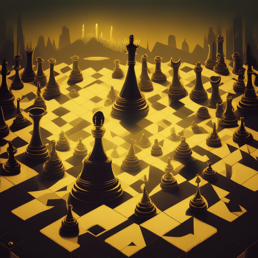 A stylized digital landscape filled with golden tokens, representing the allure of cryptocurrency trading. However, shadows creep in, symbolizing the lurking risks and deceptive practices. Chess pieces are arranged strategically on a crypto coin, hinting at market manipulation. In the distance, a dimly lit, looming courthouse symbolizes potential legal actions, casting an aura of concern and anticipation.