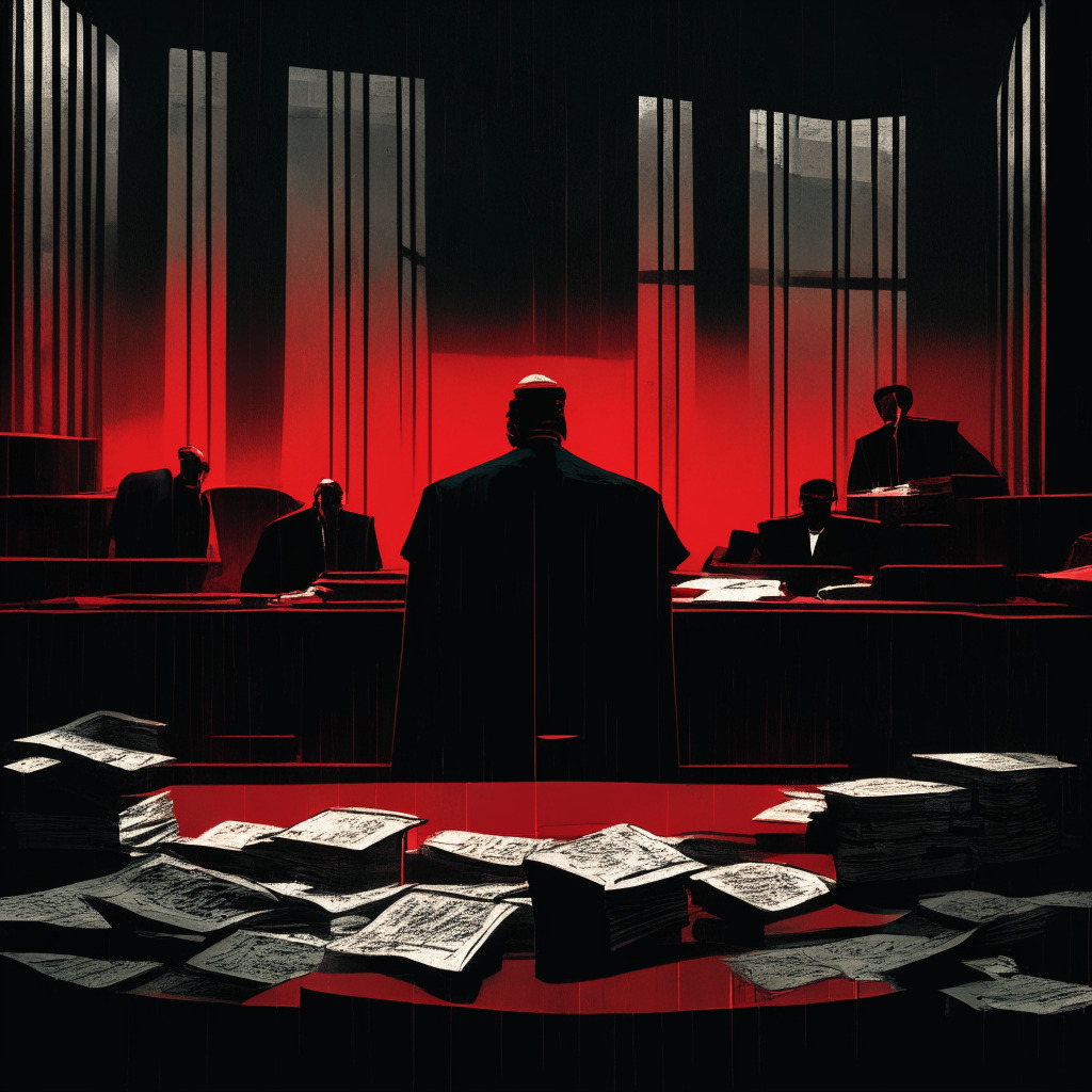 A dark, moody courtroom representing the tension of international crypto-currency litigation. Center is a figure, Mr. Chen, looking desolate. In the background, stacks of cryptic documents symbolize complex legal dilemmas. Shadows dramatize the atmosphere, intense reds and blacks contrast the legal austerity. Rain trickling on the courthouse window, hinting inequality. Outside, a storm reflects China's fiscal crisis.