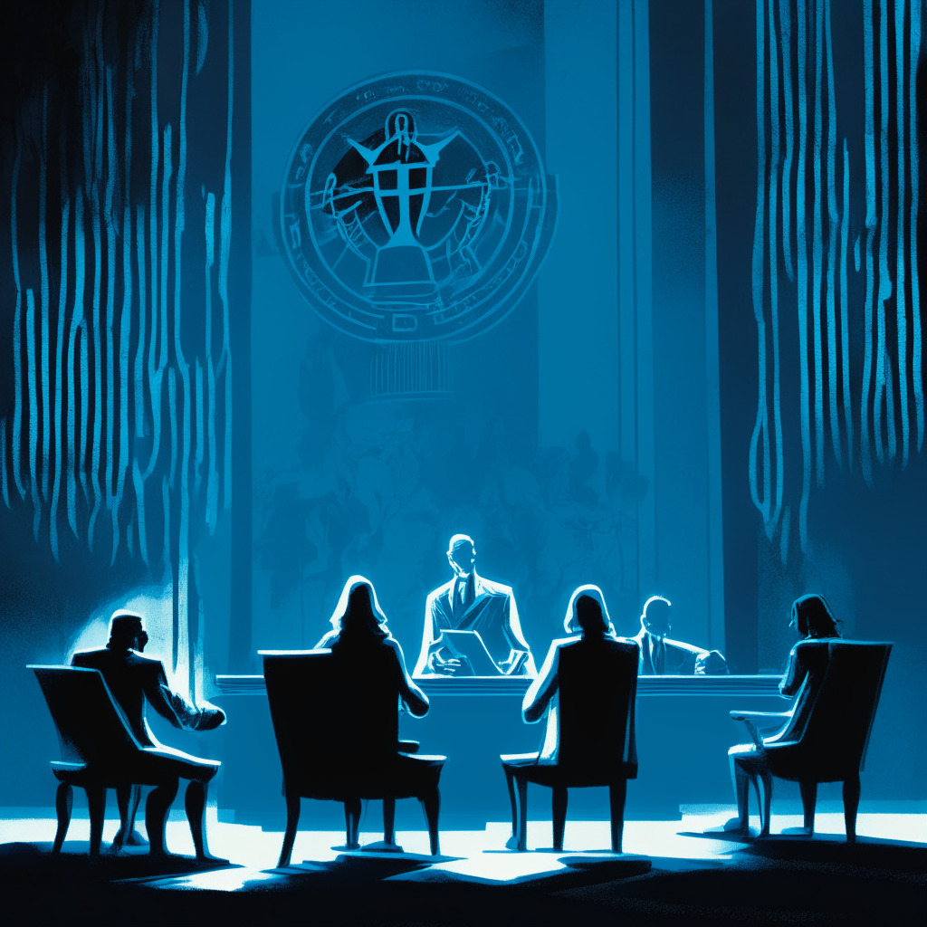 Dusky courtroom scene, semi-abstract style, Separately, four shadowy figures under a harsh spotlight. In the background, intricate motifs of cryptocurrency symbols and gavel, implicating legal actions. Tinted in cold, stark blue light conveying tension, foreboding. The image overall exudes a sense of scrutiny, disruption, and chaos within the digital finance realm.