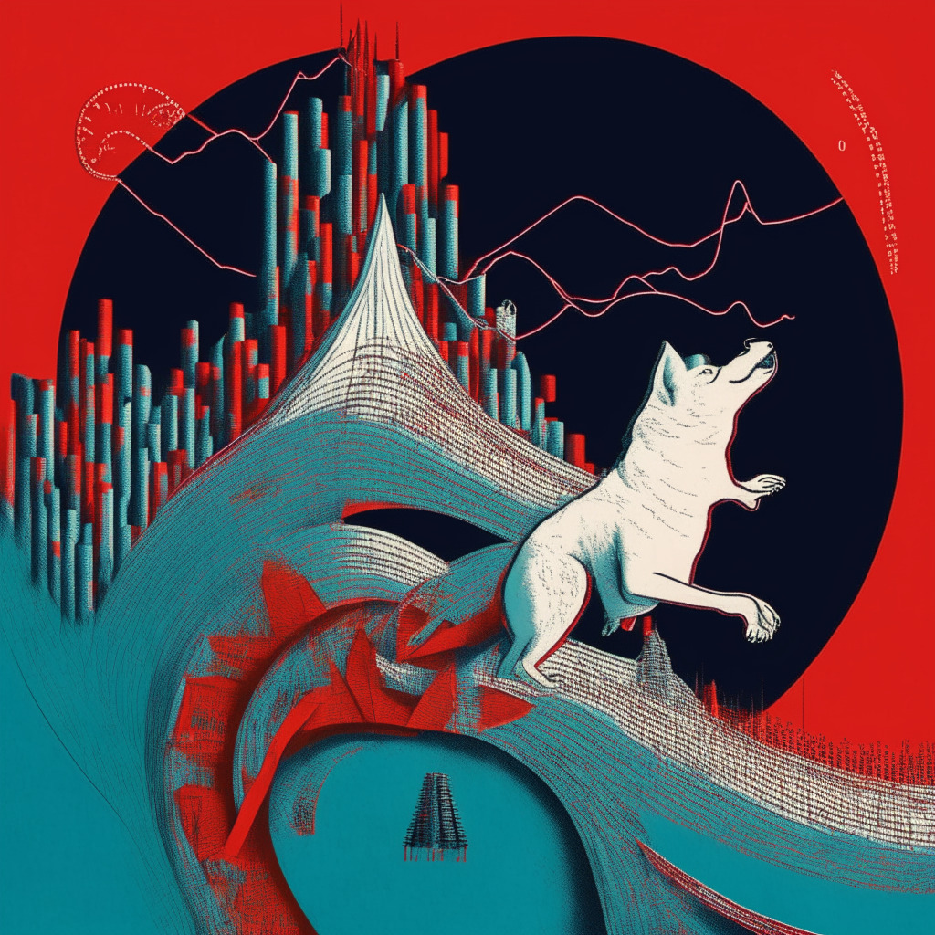 Dramatic interpretation of a cryptocurrency market chart in neo-surrealistic style. A tangible dog-themed coin riding an intricate rollercoaster signifies the fluctuation of Dogecoin. Predominant tones of red and grey during the day, representing European and U.S. negative market response. The backdrop gradually transitions to cool night hues of blue and silver, symbolizing positive Asian market response. Mood veers between optimism and volatility.
