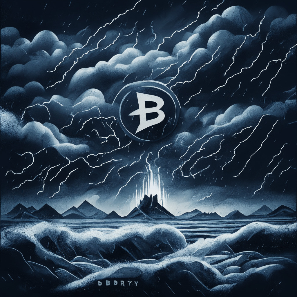 A stormy digital landscape, abstract representations of crypto tokens amidst tremors, iconic figure of popular YouTuber fading in distance. A detached emblem, representing 'BitBoy Crypto' brand in forefront. Interplay of chilly blues and somber grays for a mood of uncertainty, intense spotlight on the brand symbol suggesting scrutiny, tension.