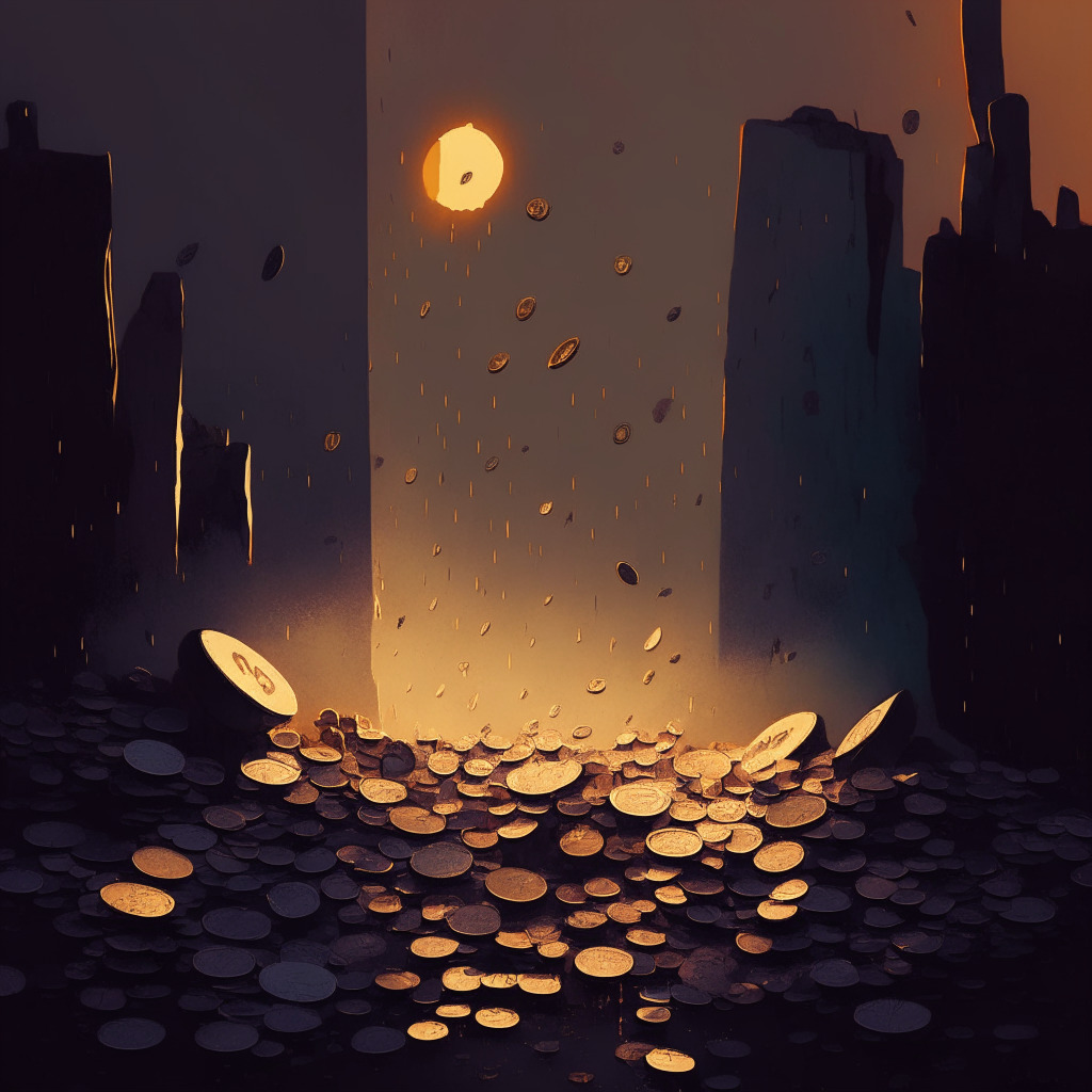 A dramatic depiction of a rocky financial landscape, filled with dropping coins to symbolize CurveDAO crash, their value hard hit, sunken in the darker hues, palette of the night, around a bleak light setting. On the other side, bright, ascending coins for Sonik Coin’s rise, colours warming, optimistic under a sunrise. Asymmetric balance, tension and resilience.
