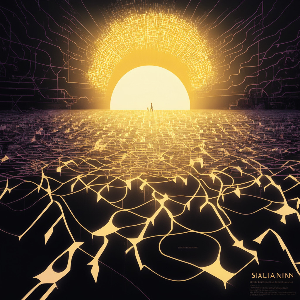A digital landscape representing the Solana blockchain, an ether of code lines rushing past as if in a fast-paced highway of information, attacked and then saved by avatars of hackers. A prominent, circulating digital sun illuminating shadows of a growing protocol against the backdrop of a 3D decentralized exchange, the mood implying unwavering recovery, resilience, and a cautionary tale. Artistic style to reflect a fusion of abstract expressionism and futurism, encapsulating the dynamic tension of crypto innovation and security threats.