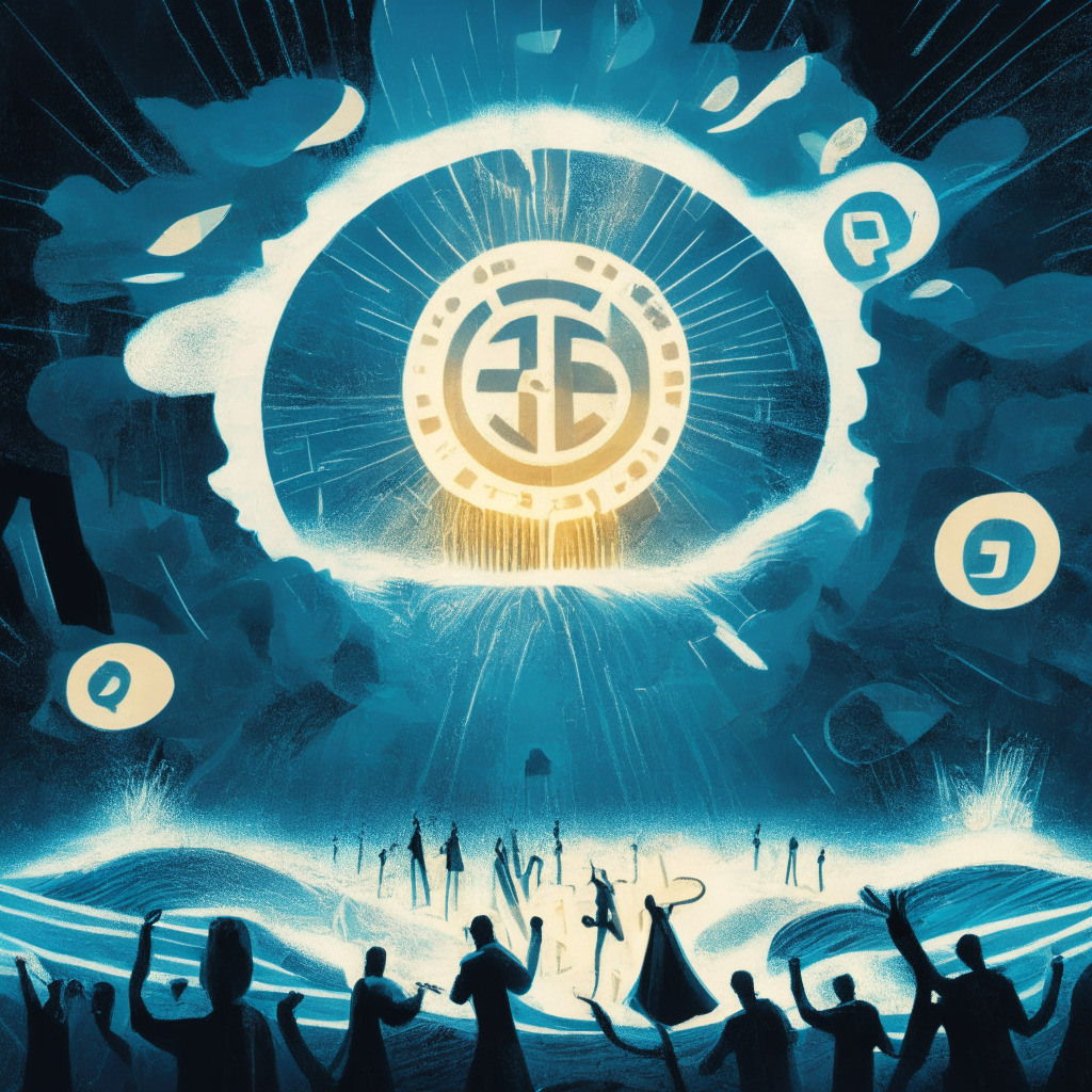 A scene depicting the digital currency universe with a large group of abstract figures representing creditors. In the foreground, a significant figure presenting a ray of light symbolizing hope, holds out a shield marked with a percent sign, representing the settlement percentage. The backdrop portrays a tumultuous ocean, symbolizing the unsettled cryptosphere, under a stormy sky, indicating tension. With chiaroscuro lighting emphasizing contrasts, emotions and the dramatic atmosphere, the image should carry an overall mood of cautious optimism in an unsettled environment.