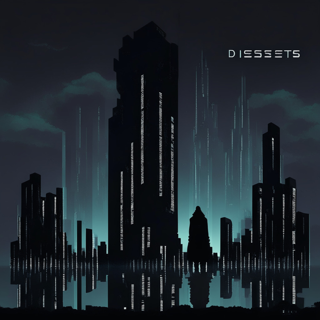 A dark, futuristic cityscape at dusk, ominous, illustrating the demise of a major cryptocurrency exchange. A Cease and Desist sign across a towering computational monolith to signify Dasset's voluntary liquidation. Frantic, digital silhouettes to depict worried users unable to access their assets. Shoals of financial numbers spouting from the gaping hole of the monolith captured in a surreal, Dali-esque manner. Two important figures, in shadowy relief emerging from a glowing, trustworthy beacon in the shape of an audit firm amid chaos and uncertainty, reflecting their role as liquidators. Lastly, a thin, eerie light cuts through the doom and gloom suggestive of the promising yet uncertain future.
