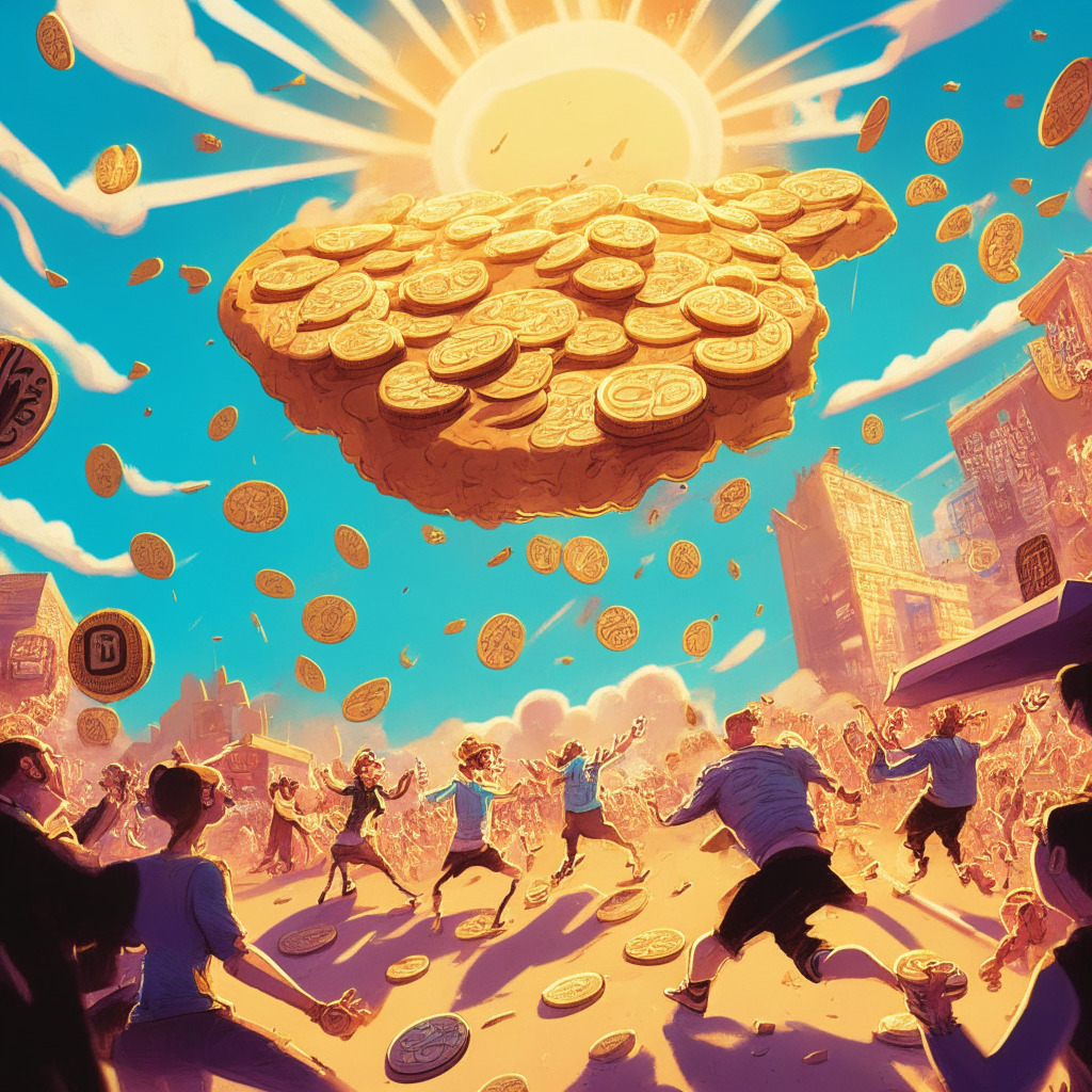 A bustling digital marketplace under a vibrant, sunlit sky. Blocks of coins, representing DeFi tokens like 'Cookie Coin' and 'Wall Street Memes', soar gleefully. Their motion is chaotic, yet beautifully choreographed, reflecting their volatile nature. A shadow of an enormous cookie hovers, hinting towards a sudden success. In the distance, a murmuring crowd – traders, perhaps, representing the growing interest. The palette is reminiscent of the late summer, with hues of gold, reflecting the 'On-chain Summer'. Artistic style to resemble impressionism, evoking a sense of constructed yet spontaneous charm. Overall mood: Exciting, volatile, and optimistic.