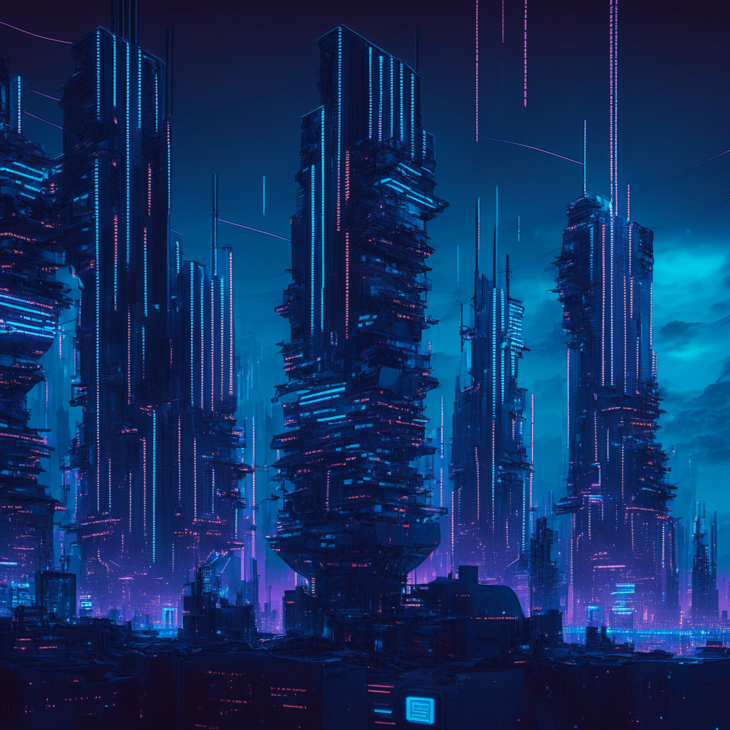 A futuristic cityscape at twilight illustrating the concept of blockchain, decentralization framed in a cyberpunk aesthetic. Gleaming metallic structures representing the robust security systems, diffused neon lights symbolizing privacy and anonymity. Muddled cobalt-blue sky indicating market volatility, large data mining machines consuming massive energy as an environmental concern, and people struggling to comprehend technobabble, all set in a contrasting, uncertain mood.
