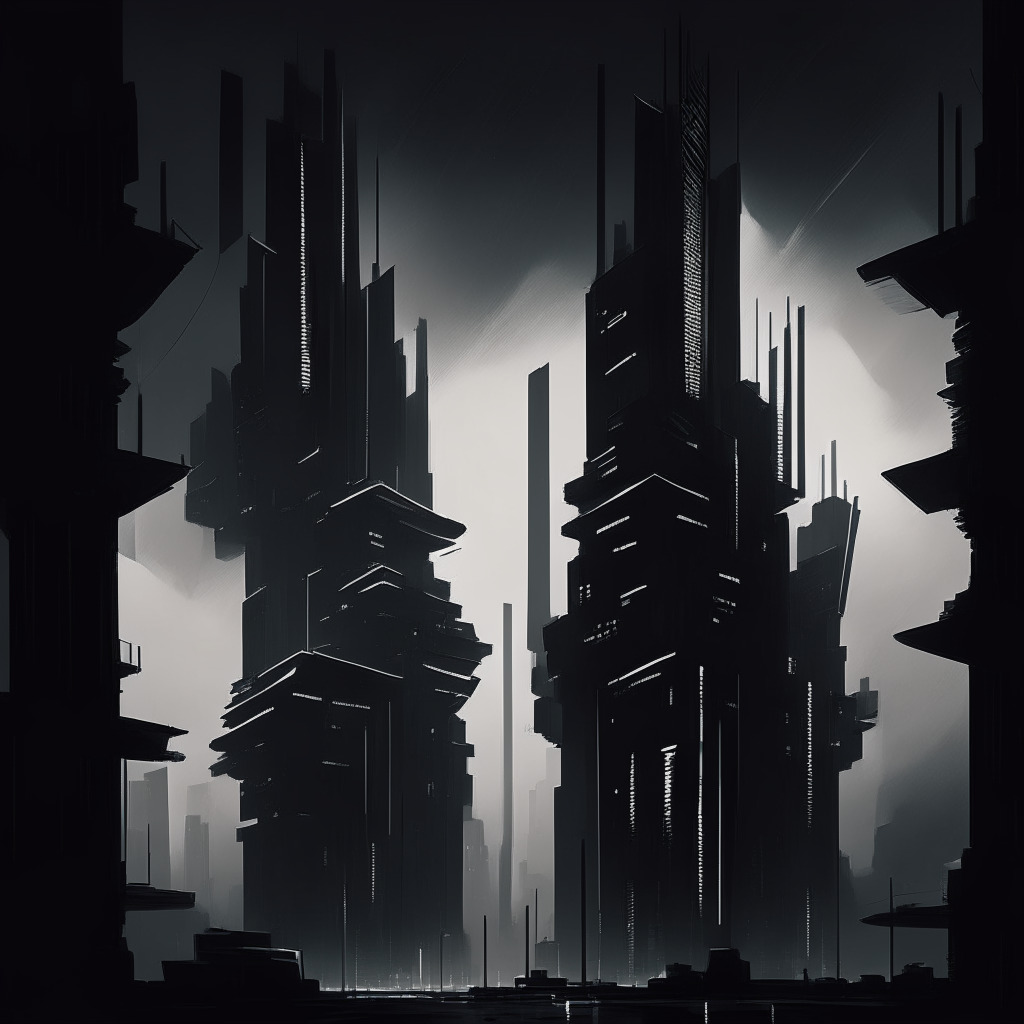 An abstract, futuristic cityscape, under strategic low light, and in a noir art style. Focus on a juxtaposition of structures to illustrate the tension between innovation and security: streamlined buildings for decentralization, a robust fortress for security. Skies cast in hues of anticipation and risk to establish the mood of pioneering uncertainty.