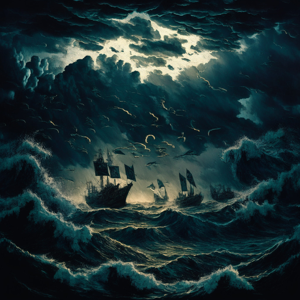 A chaotic financial seascape during twilight, with stormy skies embodying the rough waters faced by Decentralized Finance. Depict falling crypto coins, signifying their recent price drop. Include daunting, darkening, governmental regulation silhouettes in the background, injecting a sense of apprehension. Paint it with a style reminiscent of Romanticism to highlight the dramatic mood.
