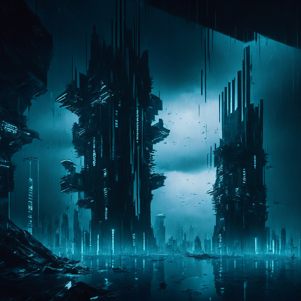An intricate scene of a digital landscape under dark clouds, symbolic of the DeFi protocols Harbor and Exactly under threat. Center shows two fractured futuristic structures representing the compromised systems. To the side, traces of light, representing the potential of blockchain tech. Streets are bathed in cold, blue light adding to the tension. Use a Cyberpunk Noir style to capture uncertainty.