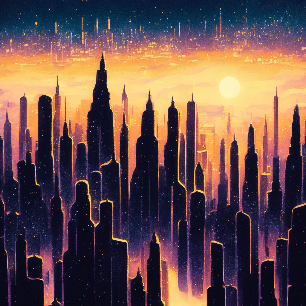 An intricately detailed cityscape made of velvet symbolizing Velvet Capital, bathed in warm sunrays indicating a promising future in decentralized finance. Shadowy figures represent skeptics and cyber threats. Visible on the horizon line are six million tiny, distinct stars for the DeFi users. Painted in an impressionist style, conveying a mood of cautious optimism and questioning.