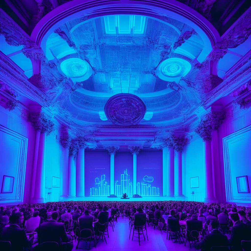 A grand, neo-classical conference hall in neon-lit New York City hosting an intense discussion on longevity science, symbolized by scientific icons and DNA strands, enveloped in a futuristic blockchain design. The scene is steeped in cool hues, embodying the serene yet suspenseful mood of potential breakthroughs and controversies.