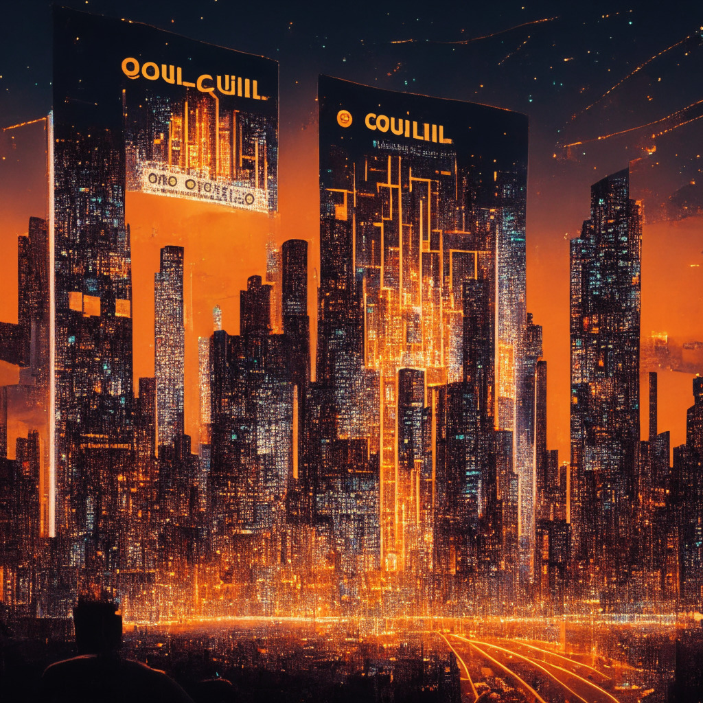 An intricate digital metropolis under an orange twilight, populated with a myriad of holographic billboards showcasing NFT art. In the foreground, a massive QR code, representing the Qrolli platform, skyrockets into the sky signifying its explosive growth. Parallelly, an oversized glittering meme coin, embodying Wall Street Memes, illuminates the cityscape from its pre-sale anticipation. Moving figures depicting excited traders and creators imply a mood of dynamic turbulence, reflecting the unpredictable nature of the crypto world.