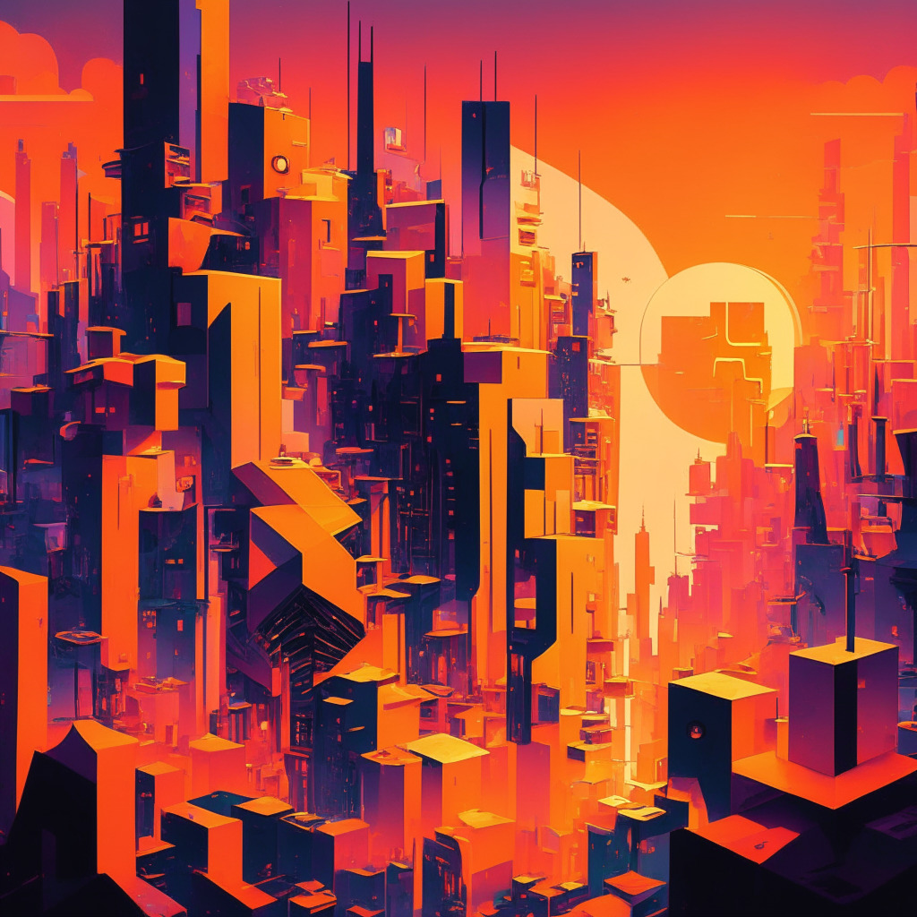 A vibrant, abstract portrayal of a decentralized digital city, bathed in the warm hues of an evening sunset that signifies a massive success. Dotting the cityscape are tiny glowing symbols of currency and NFTs, conveying a bustling marketplace. The portrayal is in a futuristic cubist style, evoking the complexity and potential discord in the structure. The mood is filled with tension, echoing potential concerns and risks that loom within the system.