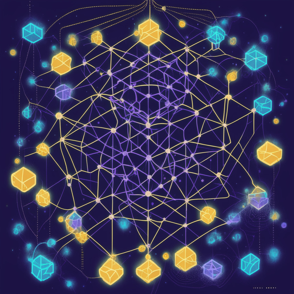 An illustration of a decentralized, interconnected web of chains representing the Ethereum ecosystem. In contrast to the warm, glowing center where the Base protocol is surrounded by the symbols of non-interference, fairness, and refusal to use private data for marketing. It showcases an optimism-inspired artistic style resonating with the subtle nuances of modern cryptocurrency. The surrounding light should reflect a hopeful yet cautiously optimistic mood.