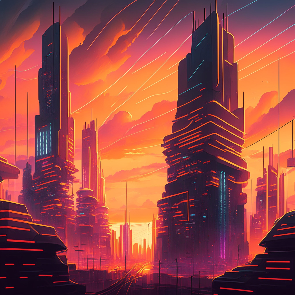 A futuristic cityscape bathed in warm sunset hues, showcasing the symbiosis of finance and technology. The city pulsates with glowing lines symbolizing a blockchain network, emphasizing its transformative effect across industries. Yet, the bright city is overshadowed by looming, cloud-filled skies, representing potential risks. The artistic style reflects the duality inherent in the blockchain world, vivid and complex, filled with both promise and caution.