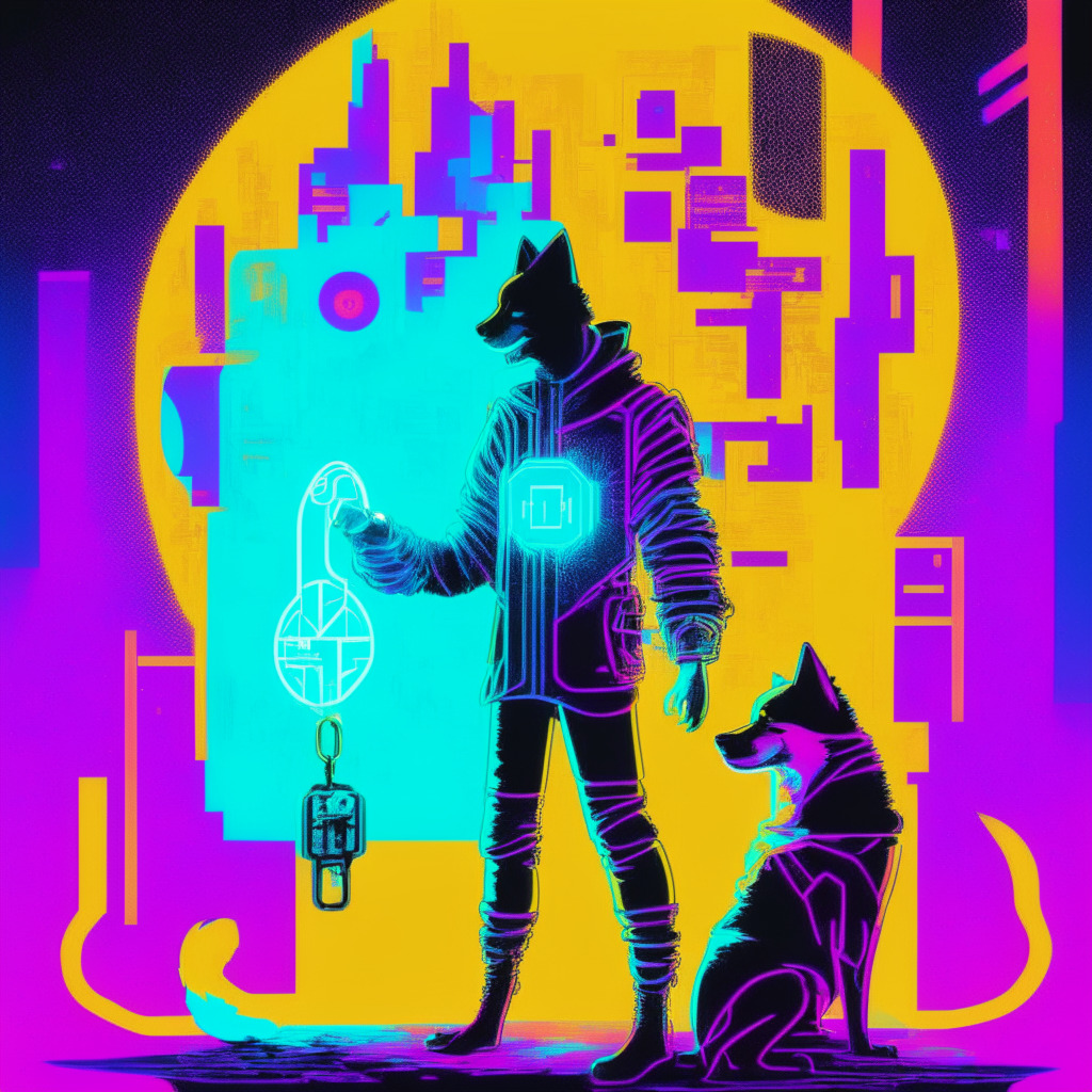 Abstracted scene of a digital era, a person figuratively holding a glowing digital key symbolizing self-sovereign identity, being intersected by the silhouette of a Shiba Inu symbolizing the canine-themed cryptocurrency project. Exhibiting a cyberpunk style, the lighting should be neon-tinged emphasizing the futuristic, tech-heavy narrative. Use bright colors contrasted against a darker backdrop for the mood of optimistic yet cautious exploration.