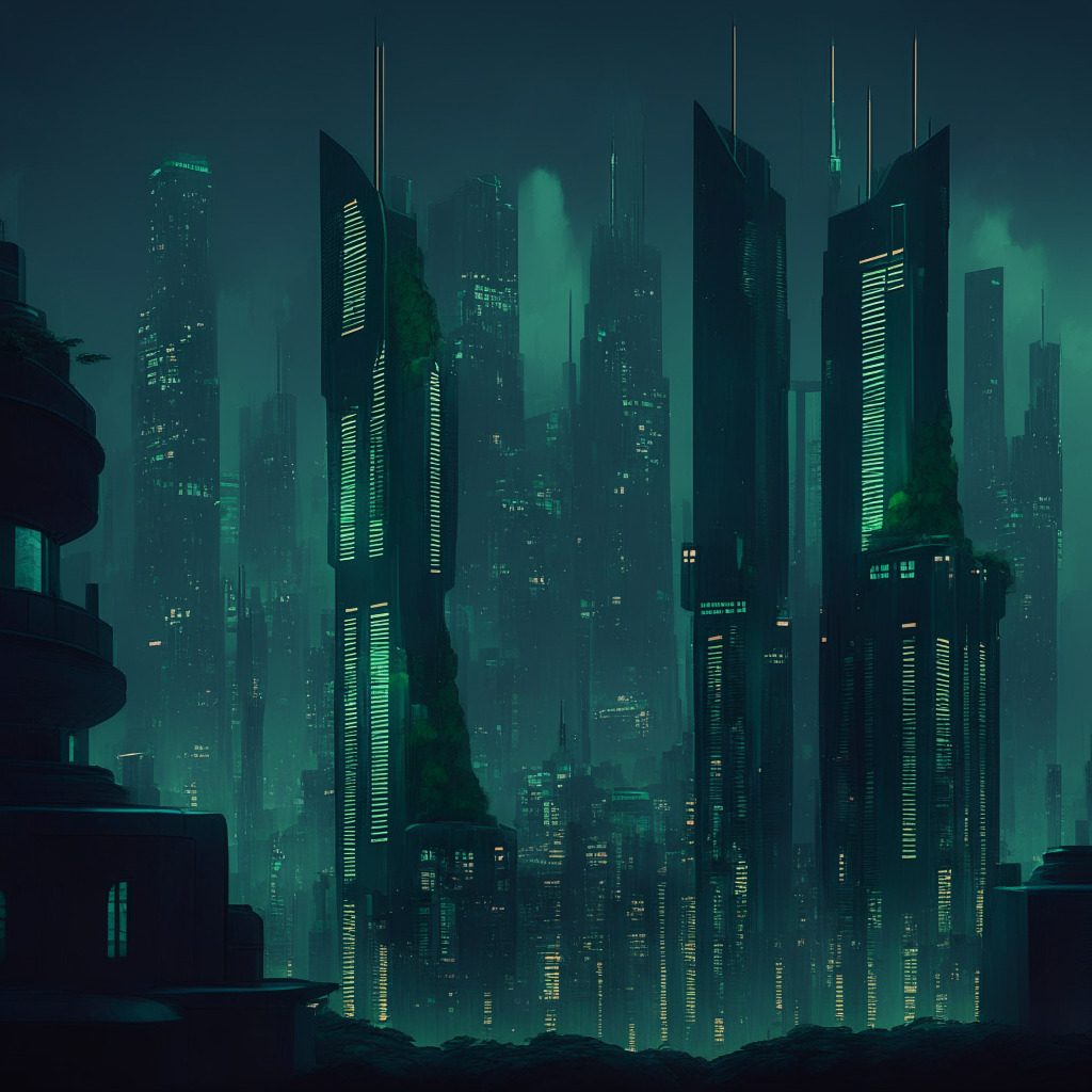 A dystopian digital cityscape at dusk, dominated by towering green skyscrapers, representing the immense growth of XBTC. Each building illuminated from within, hinting at the untold stories of investors and trades. Deep greys and blues enhance the intrigue and suspicion surrounding the DEX market, portraying an atmosphere of amazement intermixed with skepticism. In the foreground, a honey pot symbol sits, ominously glowing, symbolizing the potential scam operation. Far off, a promising dawn breaks over a still-small but rapidly growing structure, signifying the newcomer, WSM. The image inspired by cyberpunk aesthetics encapsulates the blend of anticipation and caution.