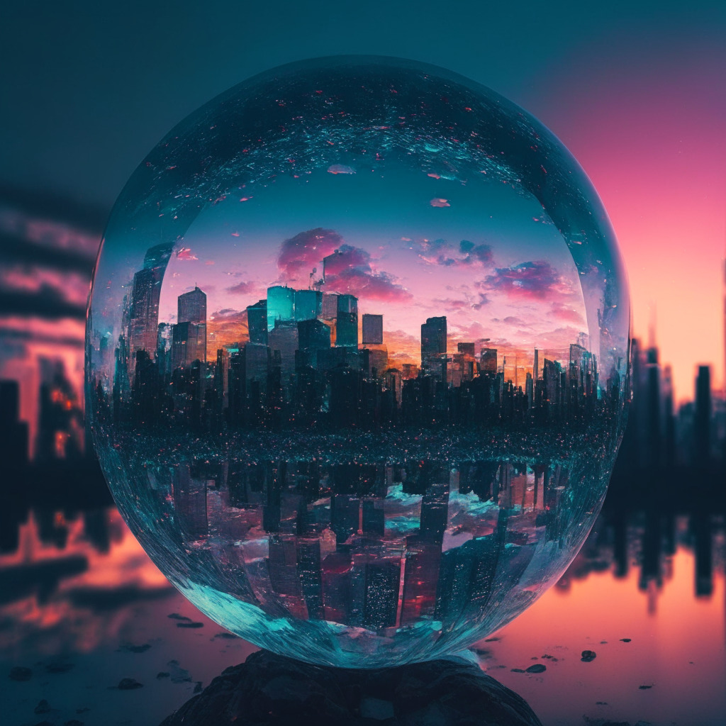 Dusk sky over a digital cityscape in Canada, cooling colors reflecting uncertainty, falling crypto coins embodying a notable decline. Sparks of interest highlight select coins amidst the descent. A frosted glass globe suggests unpredictability. Mood: blend of hope and foreboding.