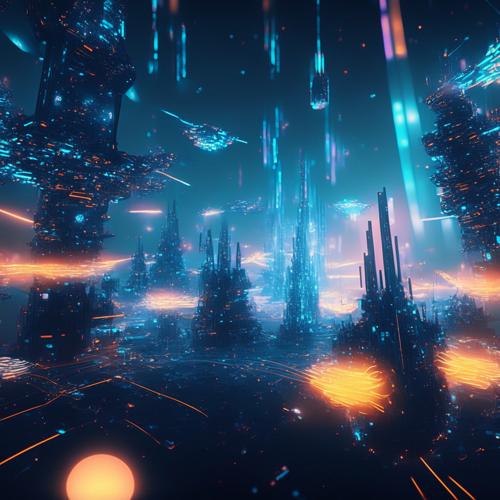 A surreal, cyberspace-inspired visualization of a bustling digital metropolis representing Base's DeFi ecosystem, bathed in a cold, luminous glow. At the center, a towering representation of Aerodrome, lustrous and imposing. Scatterings of AERO tokens, symbolized as sparkling ethereal objects, inundate the scene. Depict a dynamic exchange of virtual assets, symbolizing token swaps and liquidity rewards, underpinning a sense of excitement and anticipation. For artistic style, use abstract, neo-futuristic digital elements, imbuing the image with the energy of bustling cyber activity, reflecting the innovation and rapid success of Aerodrome.