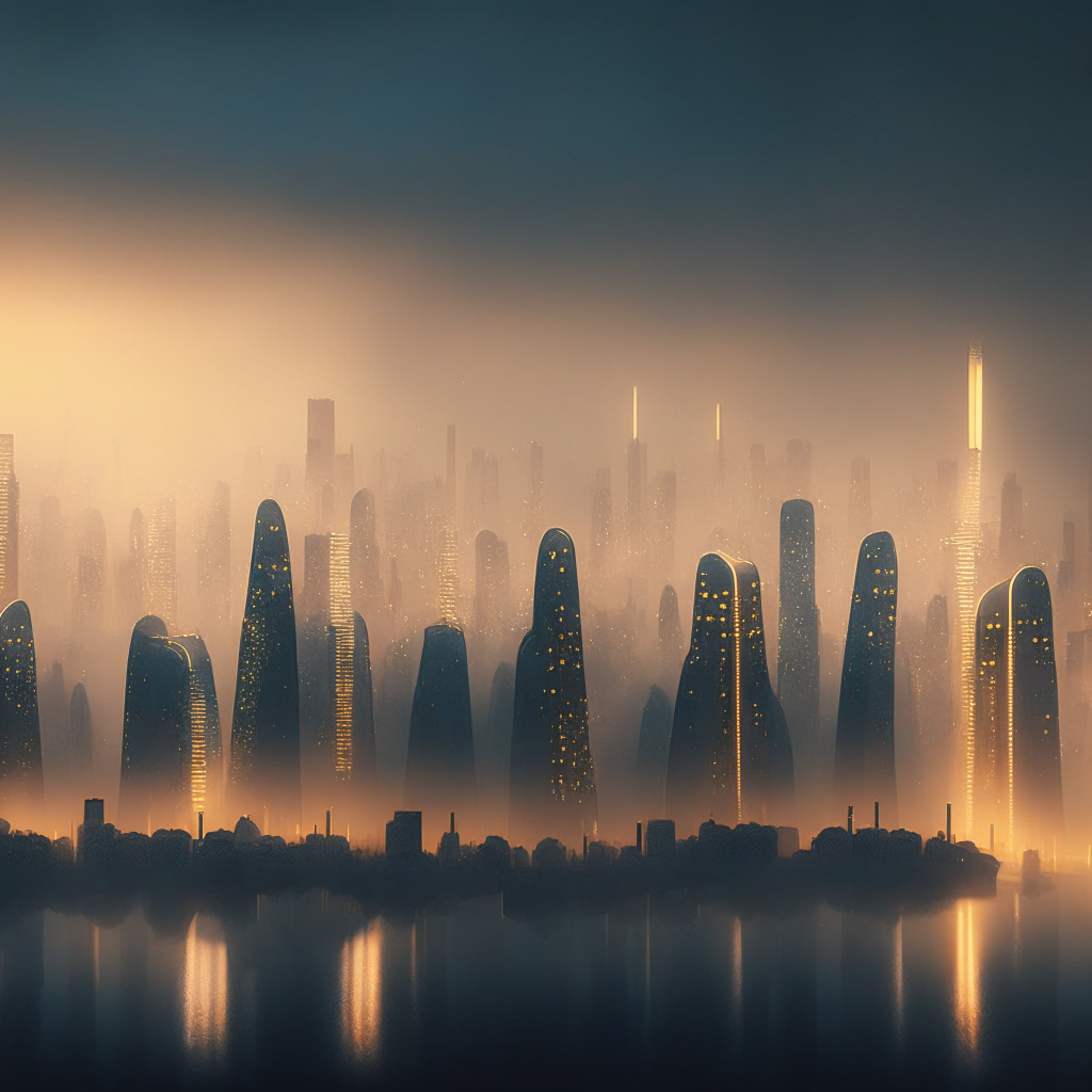 A sprawling cityscape under a twilight sky, ethereal bridges stretching above the skyline, each one representing a various Stablecoin. The city is shrouded in a blend of clear and opaque fog - symbolizing the mixture of transparent and opaque practices in the Stablecoin industry. Individual buildings glowing with gold, signifying the wealth in the sector. A large, murky abyss in the city center depicts the industry's regulatory challenges. Some bridges are more traveled, indicating major players like Tether. The scene is peaceful yet enigmatic, reflecting the current state of the Stablecoin world.