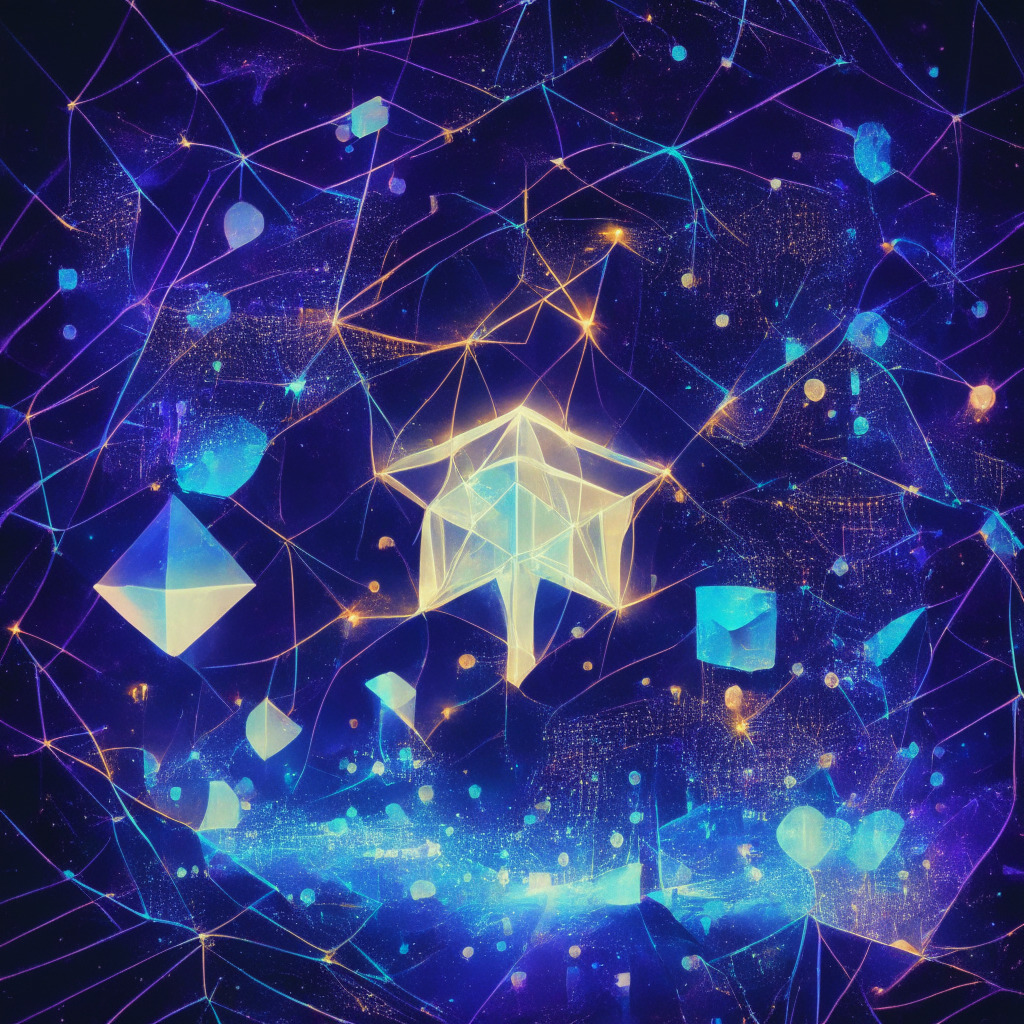 Ethereum's vibrant, interconnected web of layer-2 networks intricately rendered in an abstract, cubist style against a night sky backdrop, key parts glimmering in lush, ethereal lighting; Coinbase as a silhouetted figure diving into the shining network; a smaller, troubled Shibarium network depicted as a pulsating, neon polygon against a stormy sea, and a rising, radiant sun symbolizing Solana's resurgence.