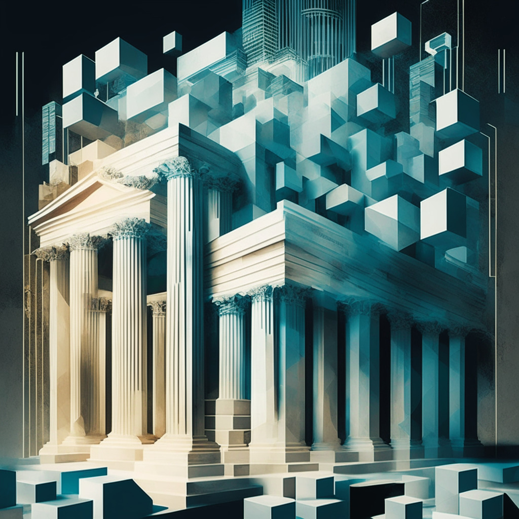 An abstract representation of a classical bank merging with technological elements in the form of ciphered blocks, displaying the cohabitation of Distributed Ledger Technology (DLT) and finance. The image shrouded in a mid-level, neutral light to portray ambivalence. Use a fusion of modern and traditional art styles to reflect the clash of old and new. Create a serene yet tense mood.