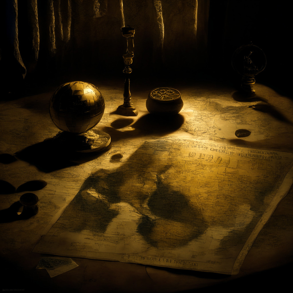 A vast world map, placed focus on Russia and Argentina marked with fluctuating rubles and pesos symbols, casting ominous shadows. A Bitcoin and a gold bar on a side table, untouched, showing no growth, symbolizing stagnancy. The scene painting a dramatic chiaroscuro effect, under dimmed light, stirring anxiety and distress. Mood is gloomy with suspense.