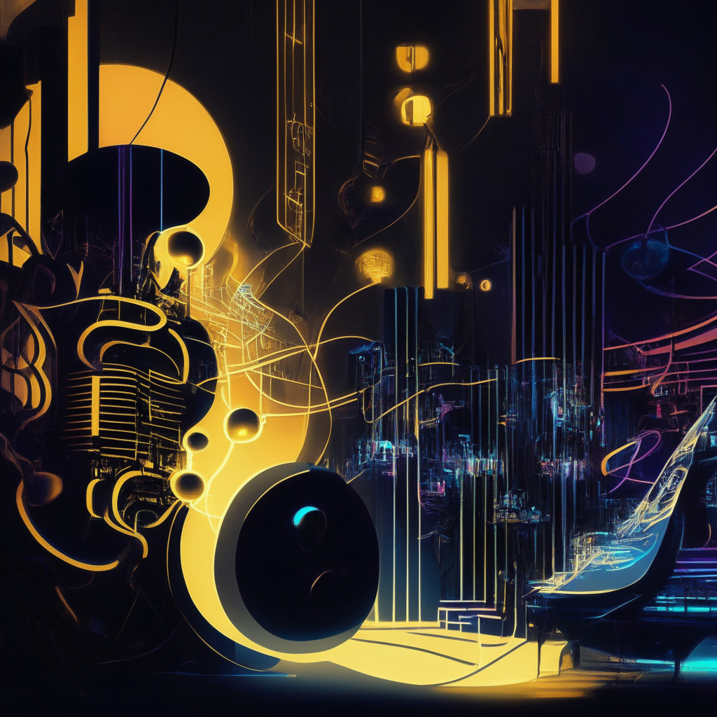 An abstract representation of the interplay between artificial intelligence and music creation, featuring visual metaphors such as intertwined code and musical notes. The scene is bathed in an intense, incandescent light, accentuating the innovative fervour and tension between technology and legality. The overall image should have a 'futuristic noir' art style, with an exciting yet uncertain mood to reflect the promise and dilemmas of AI in music.