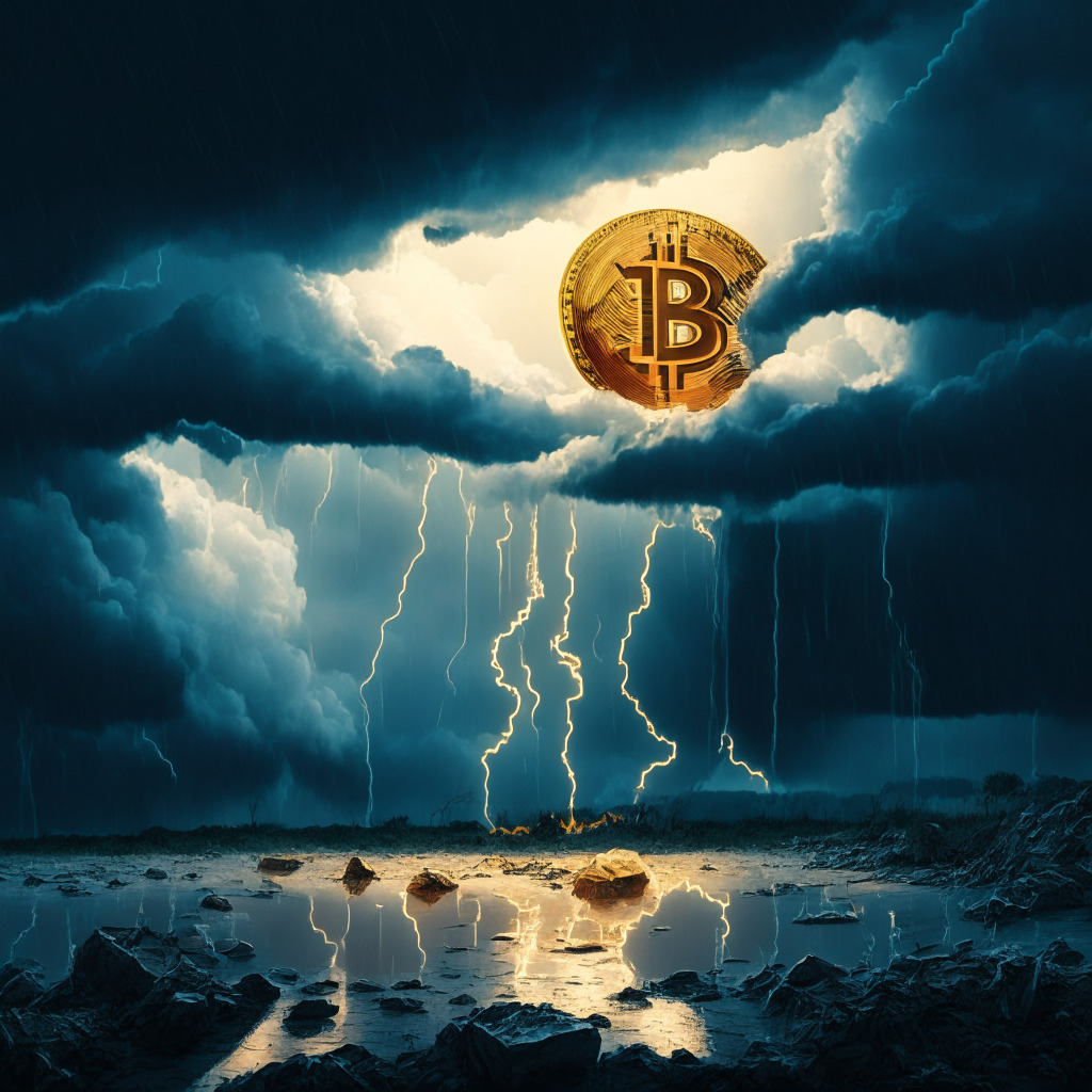 A somber digital landscape mirroring the decline of Bitcoin from $29,340 to $25,980, the scene bathes in the cool glow of a downturn. Though financial storm clouds loom overhead, the image displays an unexpected resilience, embodying the underlying optimism. Elements should express the dynamics of the volatile crypto market, with the light gradually fading into a hopeful dawn, symbolizing market adjustments despite evident setbacks.