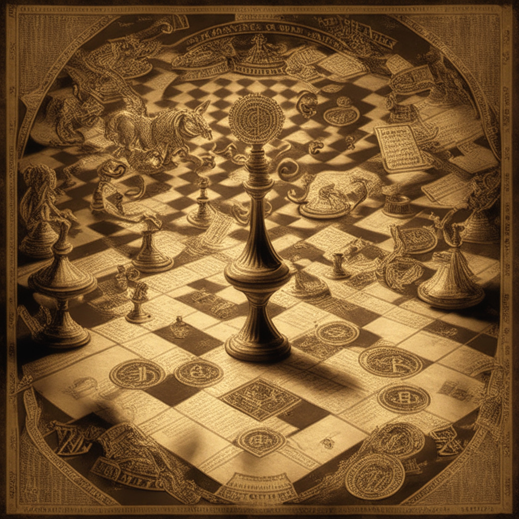 A sepia-toned Victorian chessboard set in the spotlight, showcasing symbolic pieces denoting the US job market, the Federal Reserve and a Bitcoin token, mirroring the intricate dynamics of a shifting economy. Depict the swirl of a 'paper currency' storm in a contrasting luminescent backdrop, signifying the uncertainty and anticipation surrounding the fluctuating financial landscape.