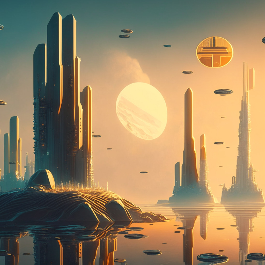 Futuristic financial landscape bathed in soft dawn light, Bitcoin and Ethereum coins emerging above an ocean of oil, both less volatile, representing stability, Art Deco style. Implications of risk and growth linger in the air, conveying an ambiguous mood of hope and anxiety.