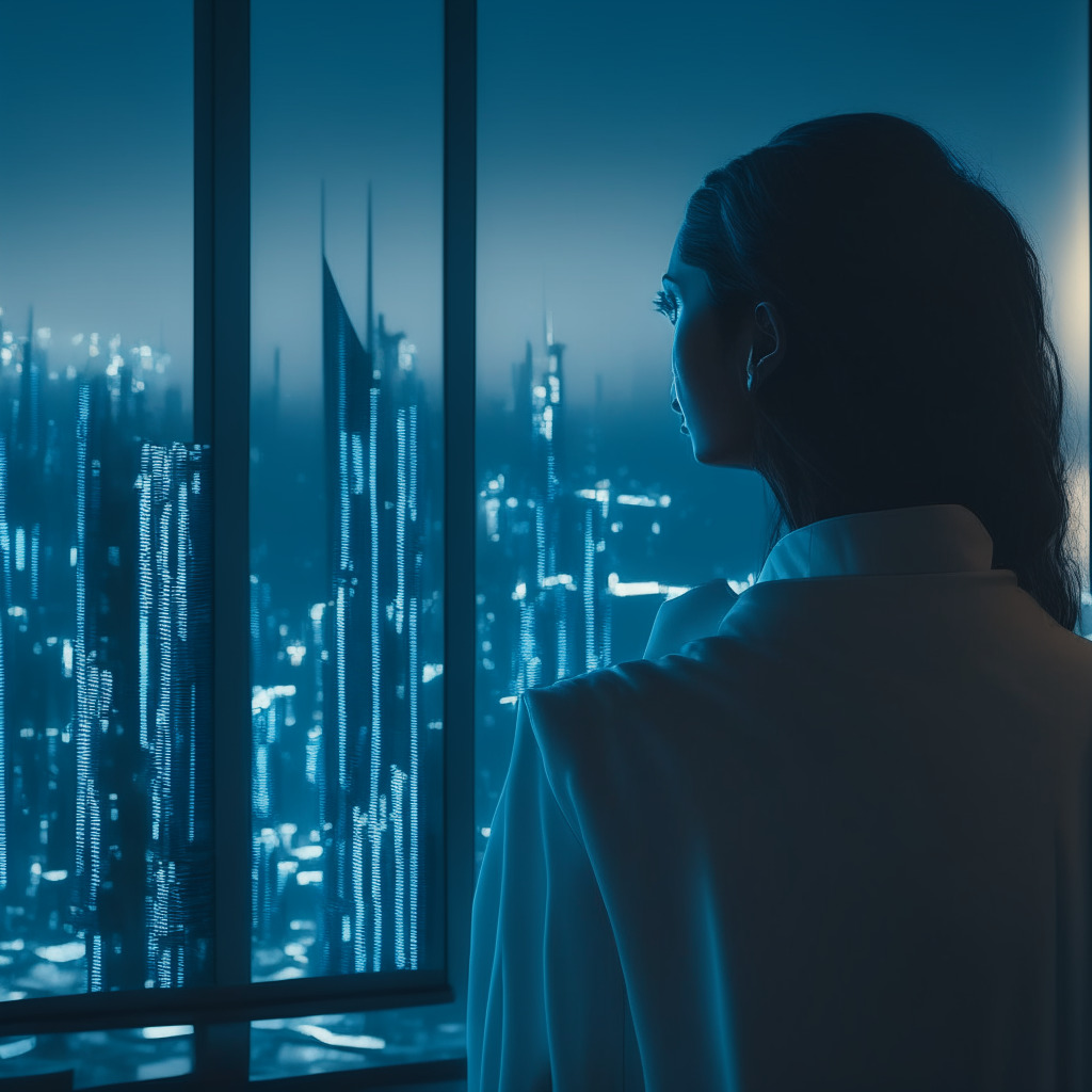 An early morning scene in a luxury high rise in Dubai, A female cryptocurrency trader gazes in shock at her digital screens reflecting the sudden plunge in cryptocurrency values, personifying a global alarm. The palette consists of cool blues and grays, capturing the stark shock and disillusionment of an unexpected downturn. The lights of the cityscape twinkle below as dawn breaks, casting a somber, subdued light onto the scene. The style is surrealist, emphasizing the surprising and unsettling feeling of market volatility. The overall mood of the artwork would be unnerving and suspenseful.