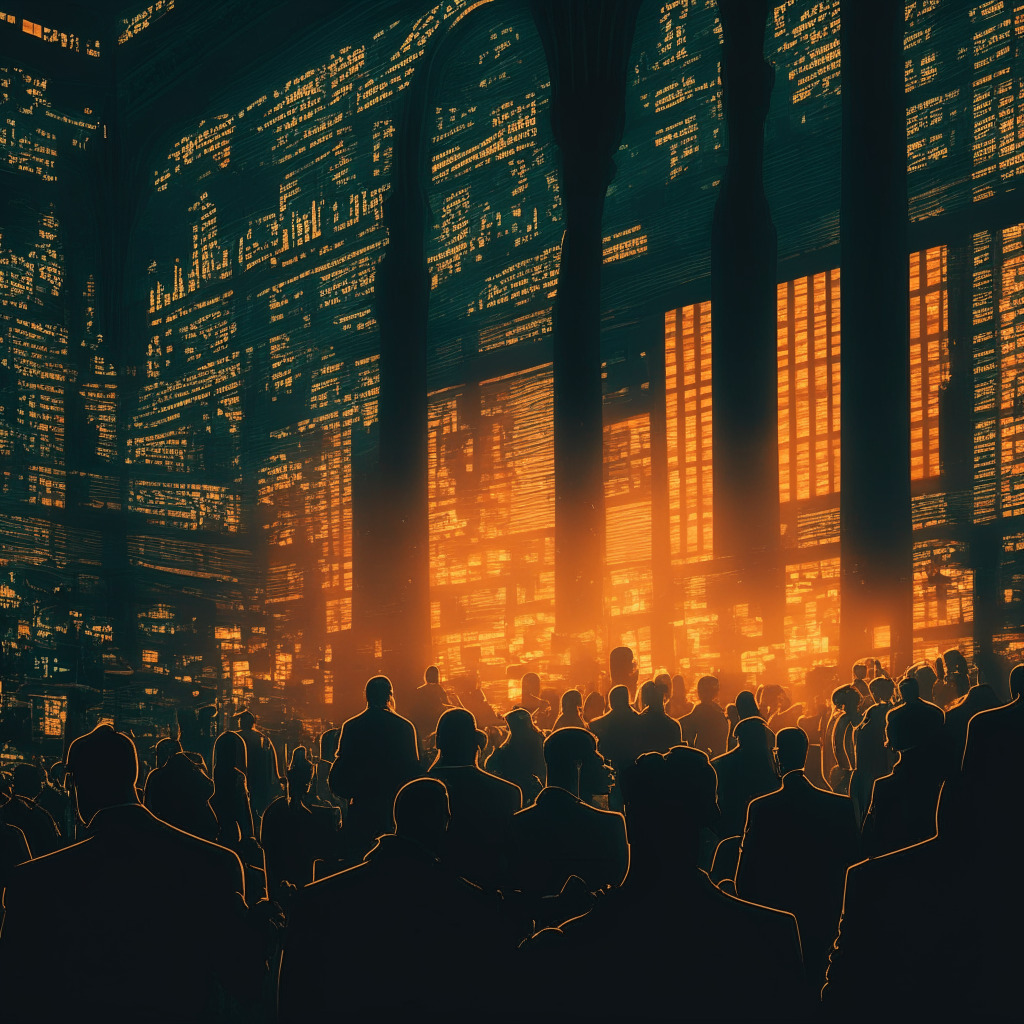 An intricately detailed Neo-Noir style scene, Chicago Exchange trading floor's hustle & bustle during dusk. Intertwined glow of vintage bulbs and city skylines, representing the Bitcoin market's volatile energy. Figures in shadows subtly indicate uncertain outcomes, displaying the complex analytics of Bitcoin's shift in market value, Instilling a mood of suspense and anticipation.