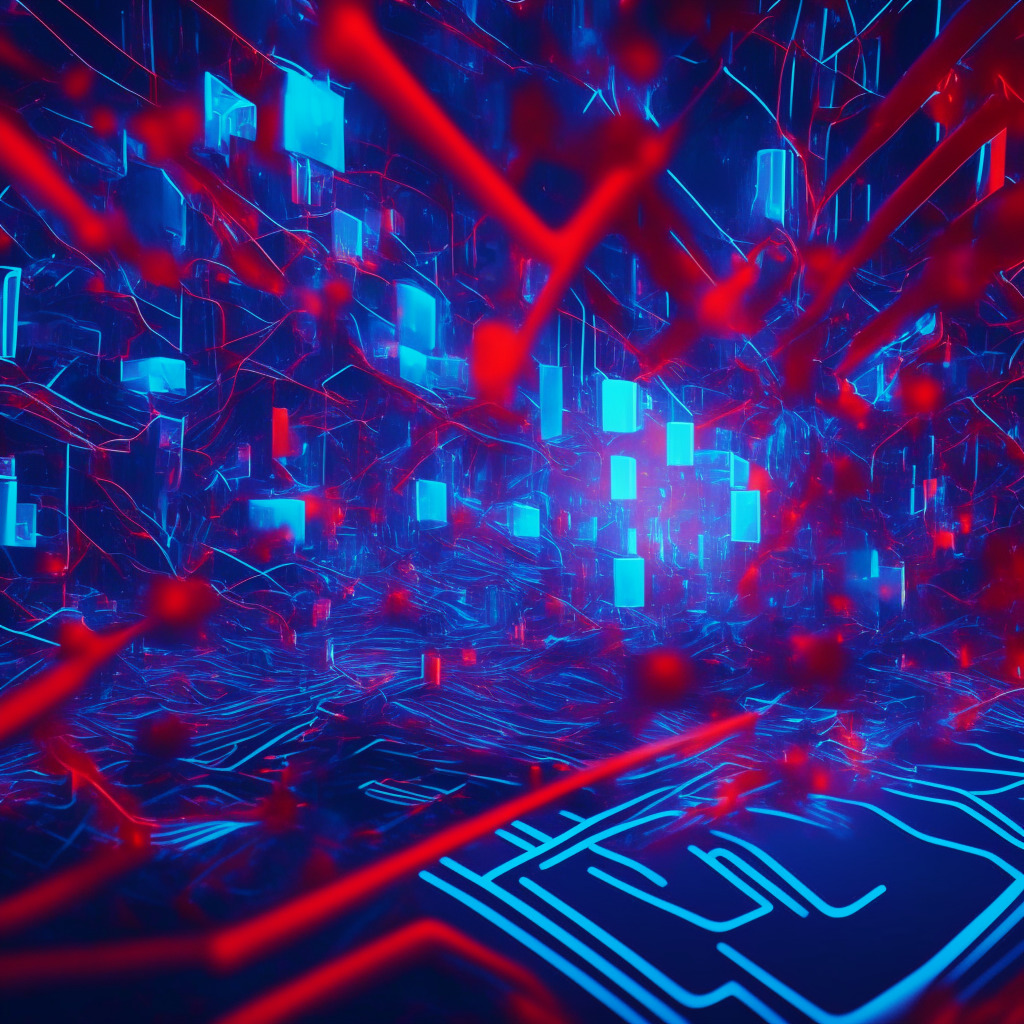 An abstract representation of digital assets' unpredictable nature, characterized by blue and red waves symbolizing fluctuating volumes of NFT trading. In the background, a radiant array of network nodes representing Ethereum-compatible networks where smart contracts thrive. The scene is set in a futuristic style, with soft, diffused neon lighting evoking a mood of quiet resolve amidst turbulence. A lone figure, symbolic of the undeterred developer, stands amidst the waves, gazing optimistically into the horizon.