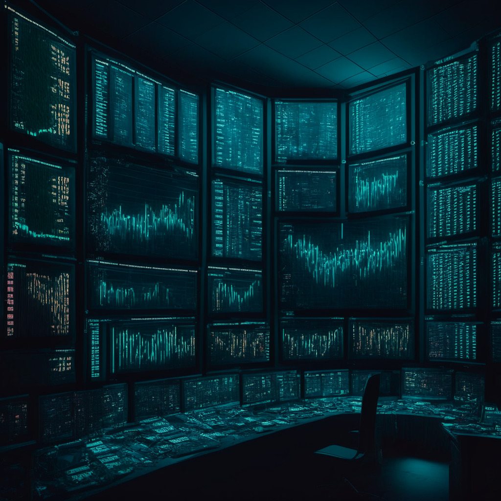 A high stakes crypto trading room filled with screens displaying chaotic data fluctuations, a tangible sense of excitement and trepidation within a velvet midnight scene subtly lit by luminescent screens. Replicas of physical coins embossed with exaggerated trend graphs euphorically soaring upwards, echoing the enormous surge of the PigLido token. However, one coin breaks away from the triumphant ascent, hinting at the deceptive nature of its success. In contrast, a shower of golden coins rains down featuring the Wall Street Memes logo, reflecting the anticipation and trust in its thriving community. A moon-shot trajectory in the background suggests the token's promising future. The mood teems with cautious optimism in the face of risk, yet retains an excitement towards the prospect of profit-bursting long-term holds.