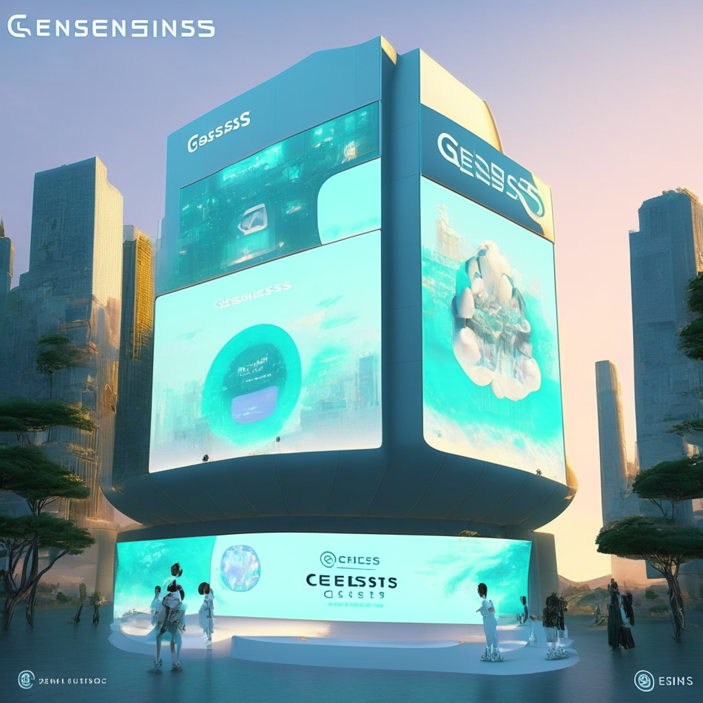An expansive, futuristic South Korean metaverse bathed in soft, morning glow, incredibly intricate, filled with interactive avatars engaged in various activities, gaming, socializing, governing, showcasing a mix of playful and serious vibes. Foreground features a monumental virtual structure, the 'Genesis Home Mint', gleaming with anticipation. A closeby digital billboard announces a countdown, hinting at the upcoming one-of-a-kind event, the inauguration of the Genesis Home Mint. The scene permeates an atmosphere of immense anticipation and promise, with a blend of metropolis hustle and subtle tranquillity.