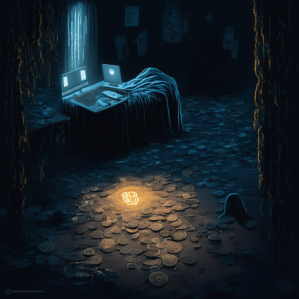 A dimly-lit scene of a digital den, littered with symbols of cryptocurrencies, laptops & locks. Privacy-focused crypto coins like Monero, Zcash shine brighter along a mysterious blockchain trail. A lone figure, wrapped protectively in a digital cloak, navigates through this universe, a perfect metaphor of privacy keeping pace with financial innovation, in an air of secrecy, tech-intensity & a bit caution.