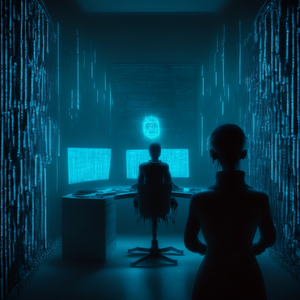 Darkened room illuminated by the eerie glow of a cryptocurrency exchange interface on a futuristic computer, Intense atmosphere of danger and suspense. In the room, a deceptive holographic projection of a deepfake ID verification video with a sophisticated digital avatar tricks the system. Conceptual art style depicting the unseen threats in the AI era.