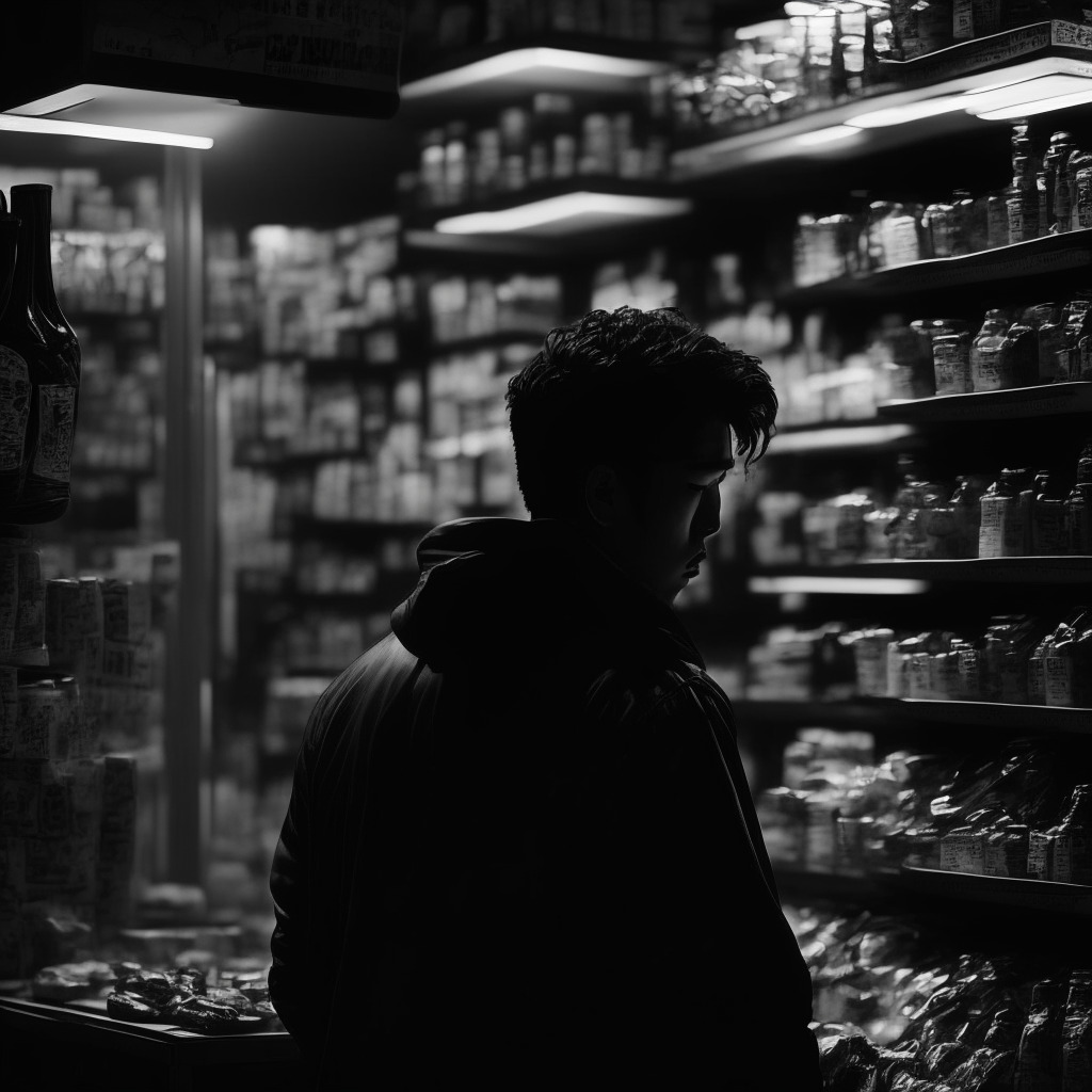 Noir style scene in a convenience store in Gwangju, South Korea, under soft, ominous lighting. A tense 22-year-old man, gripped by desperation, threatens the clerk while stealing cash and items. Shadowy, abstract representations of crypto coins loom large in the background, symbolizing volatile market. Mood is dark, sorrowful, indicating risk and despair.