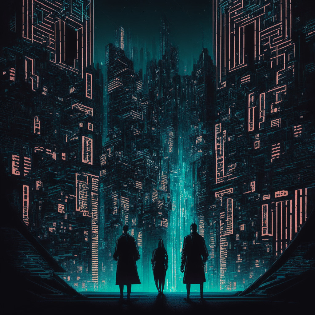 Digitally rendered, night-time scene of a South Korean cityscape (Cheongju), encapsulated by an aura of neo-noir and cyberpunk aesthetic. Focal point: two figures, one cloaked in cryptographic symbolism, the other in tax-related imagery, locked in a tug-of-war. Backdrop: A maze-like pattern of digital assets, underscored with tax documents, shadowy, suspense-filled atmosphere.