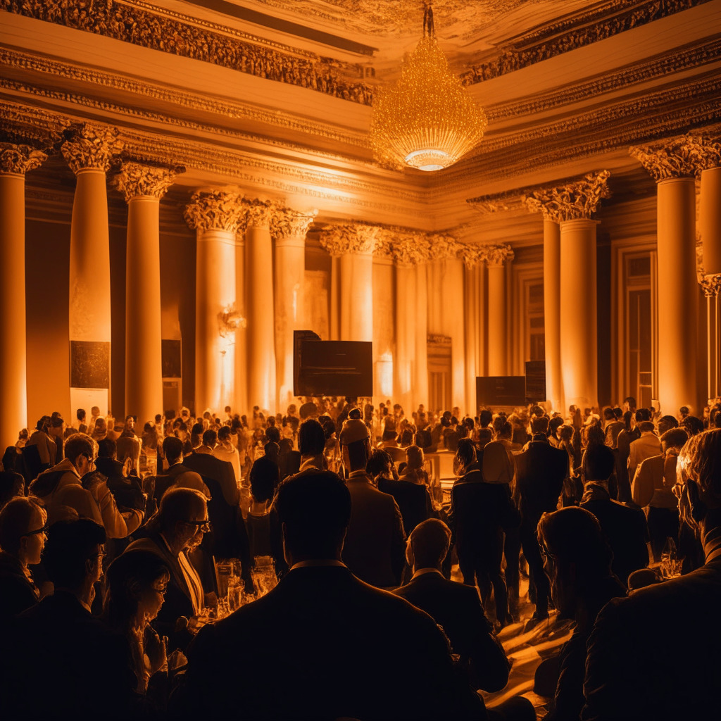 An official gathering in a grand, neoclassical hall, reflecting the spirit of Washington DC, bathed in the muted amber glow of late evening. Policy makers and cryptocurrency miners engaged in intense, yet harmonious discussion. In the foreground, a representation of digital assets: shimmery, ethereal cryptocurrencies in motion. The atmosphere is hopeful, with a bold statement echoing a sustainable digital future.