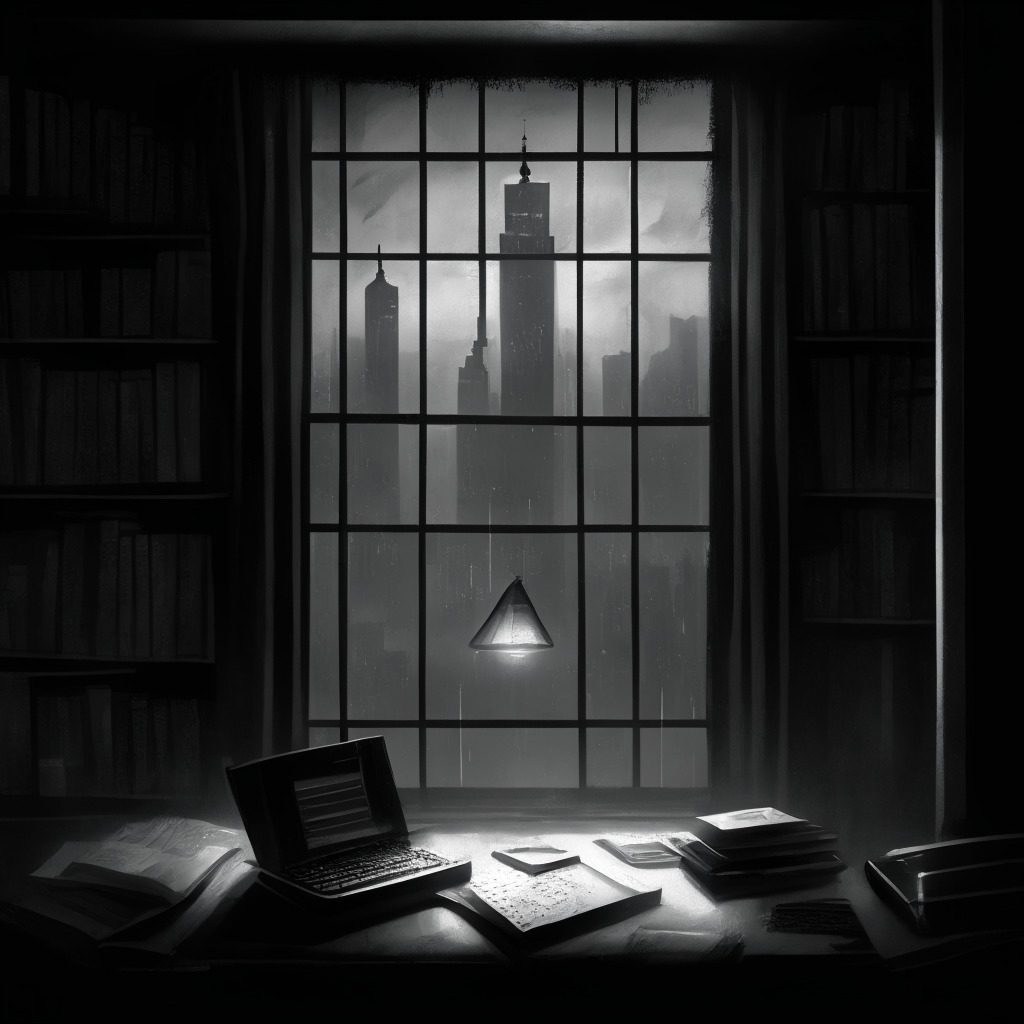 A digitalized prison cell with open book of law symbols floating on the screen of a slightly dated laptop, in a dimly lit room. A backdrop showcasing a grey-scale, modern cityscape conveying an ominous mood, with merlons of traditional justice scales subtly juxtaposed within the skyscrapers. Adding canvas oil painting style for a dramatic vintage touch.