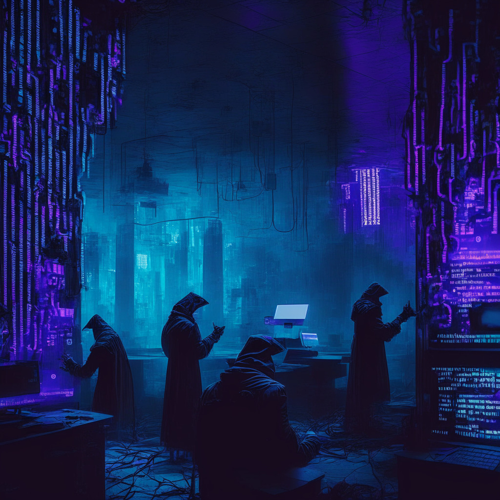 An eerie cyber cityscape bathed in the muted glow of ultraviolet lights, representative of digital scams unfolding in Russia. Mischievous shadows cascade across a hacker's lair, symbolizing phishing traps and the ambiguity surrounding the Digital Ruble. Elusive entities disguised as banking officials make obscure gestures, embodying the impersonations taking place. Expressions radiate uncertainty and apprehension - a testament to citizens' unfamiliarity with CBDCs.