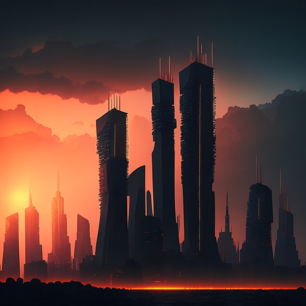 A futurist cityscape in technological noir style under a dramatic sunset, portraying an unease in the atmosphere. Silhouettes of imposing skyscrapers representing Russian banks, in the foreground a new imposing futuristic digital building symbolizing the digital ruble. The lighting should be subtly atmospheric, highlighting the power struggle and uncertainty emanating from this technological revolution.