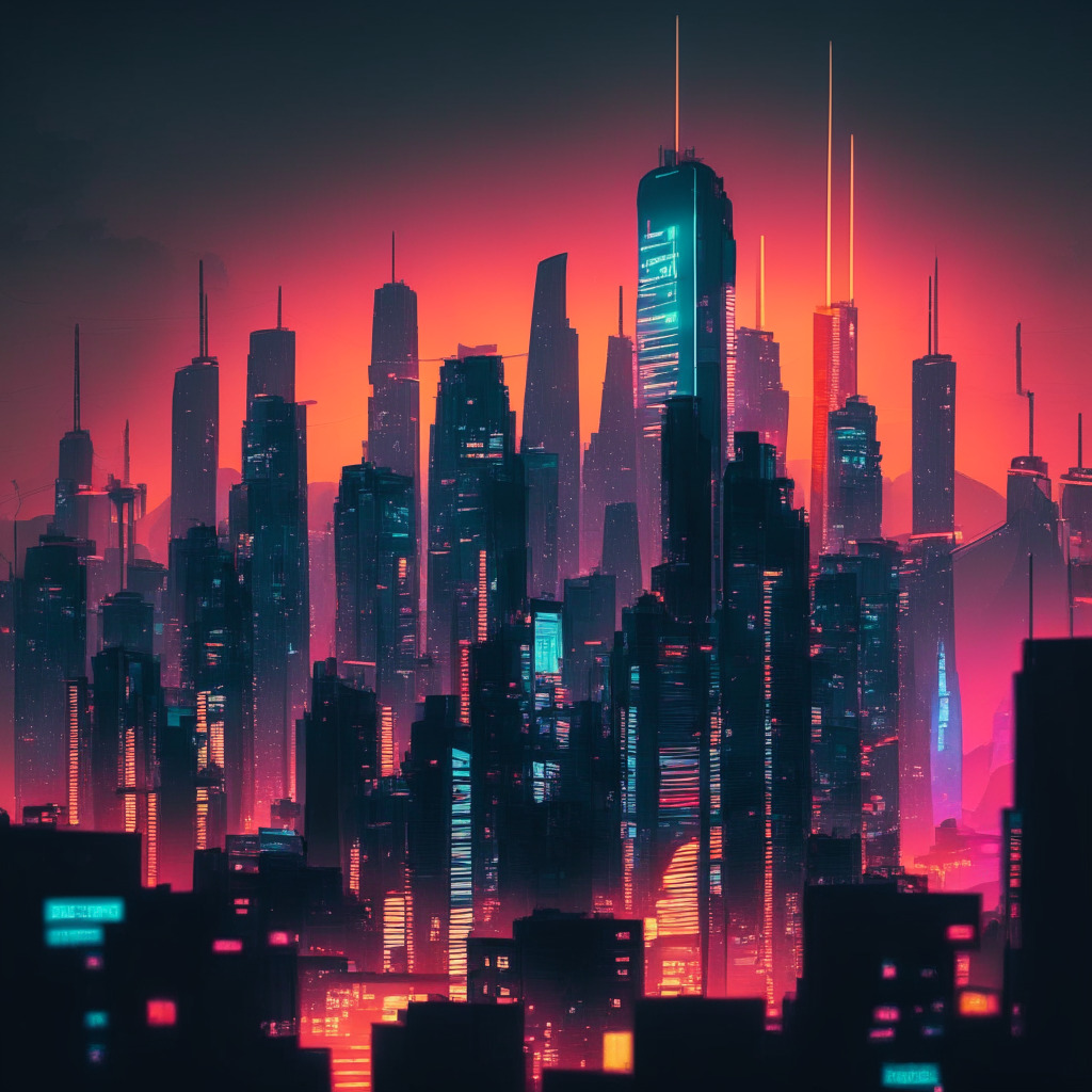 Urban Chinese skyline at dusk, bathed in the glow of neon lights, symbolic of a futuristic economy. Focus on a digital yuan coin levitating over a dense city crowd, symbolizing mass adoption. Incorporate elements suggesting state influence, such as shadow puppetry. Mood: ambivalent yet hopeful, with an underlying sense of intrigue and complexity.