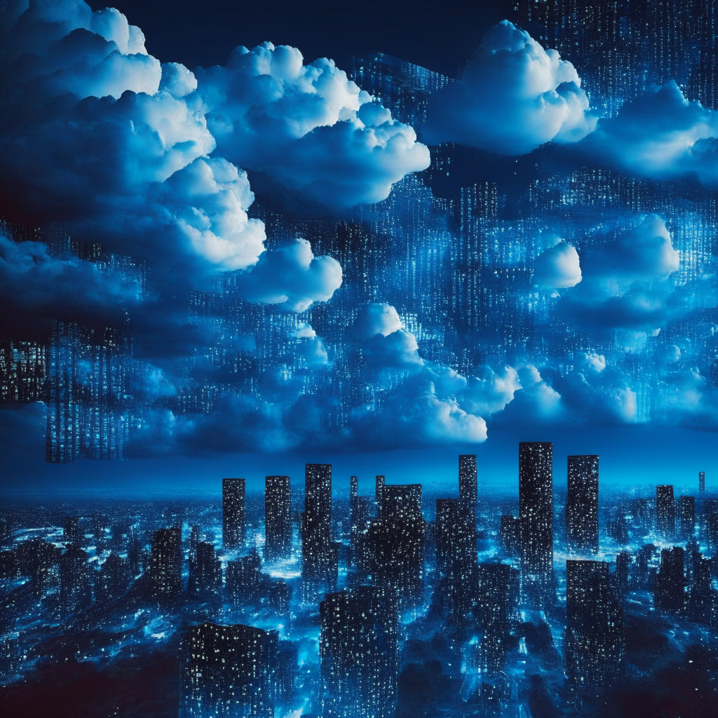 Clouds shaped like data packets soaring over a modern cityscape, illuminated by glow of technologically advanced buildings, seeming like nodes, healthcare, education and governance structures digitizing simultaneously, in El Salvador in hues of blue light, symbolizing innovation, futuristic ambiance, style carrying a hint of digital impressionism, showing a grand scale digital transformation with a hopeful yet cautious mood.