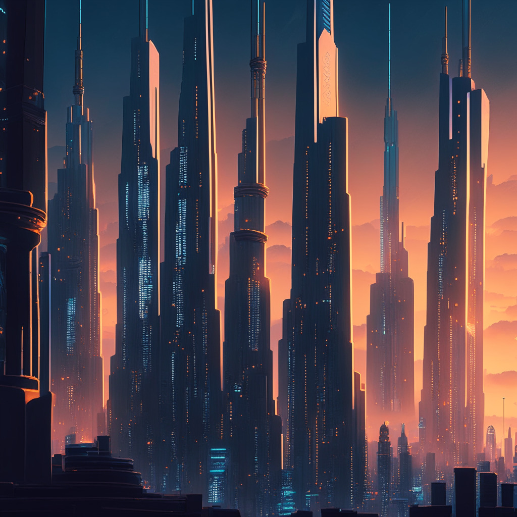 An intricate neo-futuristic cityscape at dusk, with towering skyscrapers symbolizing stock markets. In the foreground, use warmly lit, detailed blockchain links representing tokenized stocks, with subtle hints of regal Dinari coins integrated. Convey a mood of quiet resilience and cautious optimism, illustrating smoothly interconnected systems amidst nuanced regulatory hurdles.