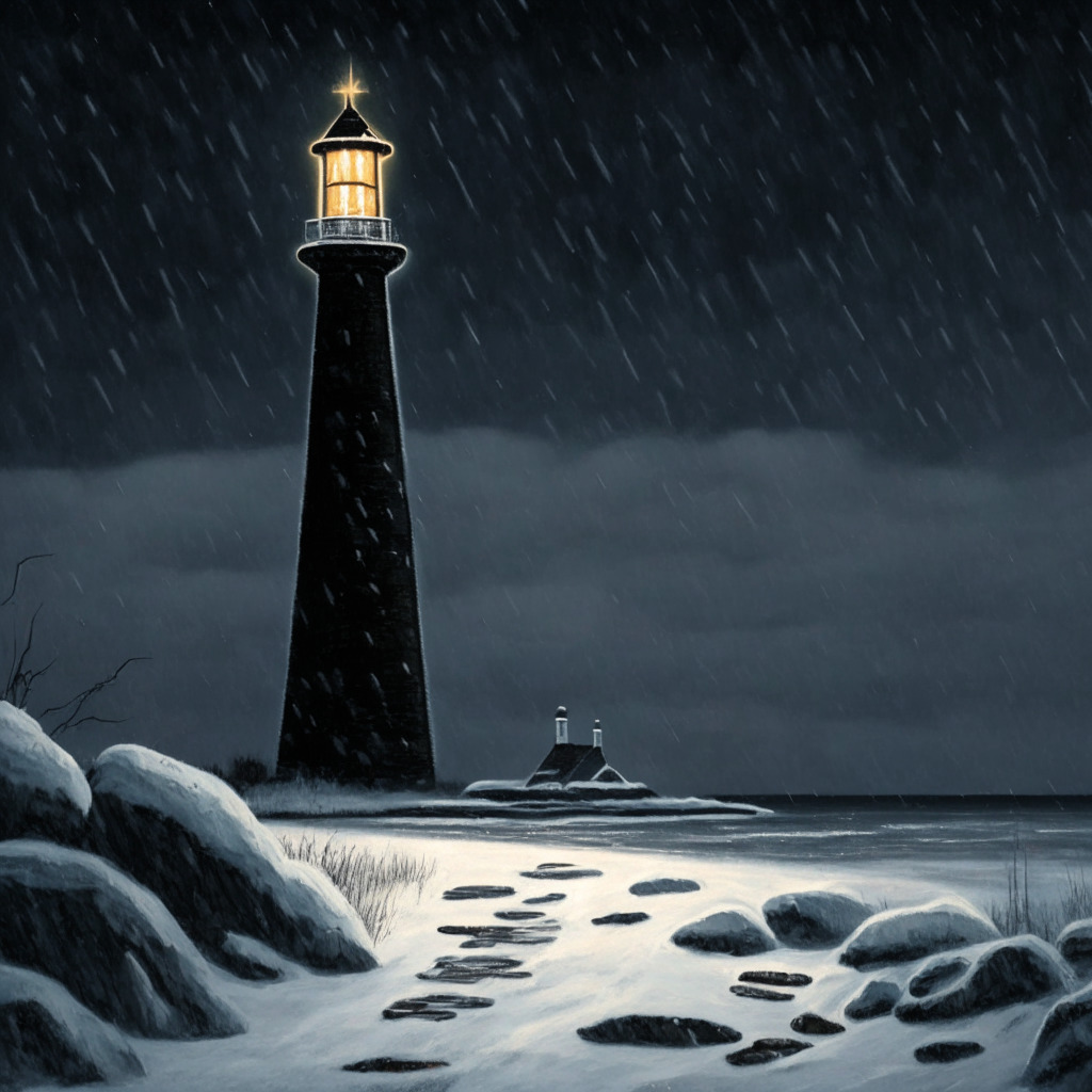 A gloomy winter evening setting in Canada, featuring a fallen Bitcoin symbol on snowy ground symbolizing the cryptocurrency market decline. In the distance, a towering lighthouse representing regulation emits a faint, hopeful glow. The style is reminiscent of a classic, noir painting to convey the mood of uncertainty, with overcast skies hinting at potential future improvement.